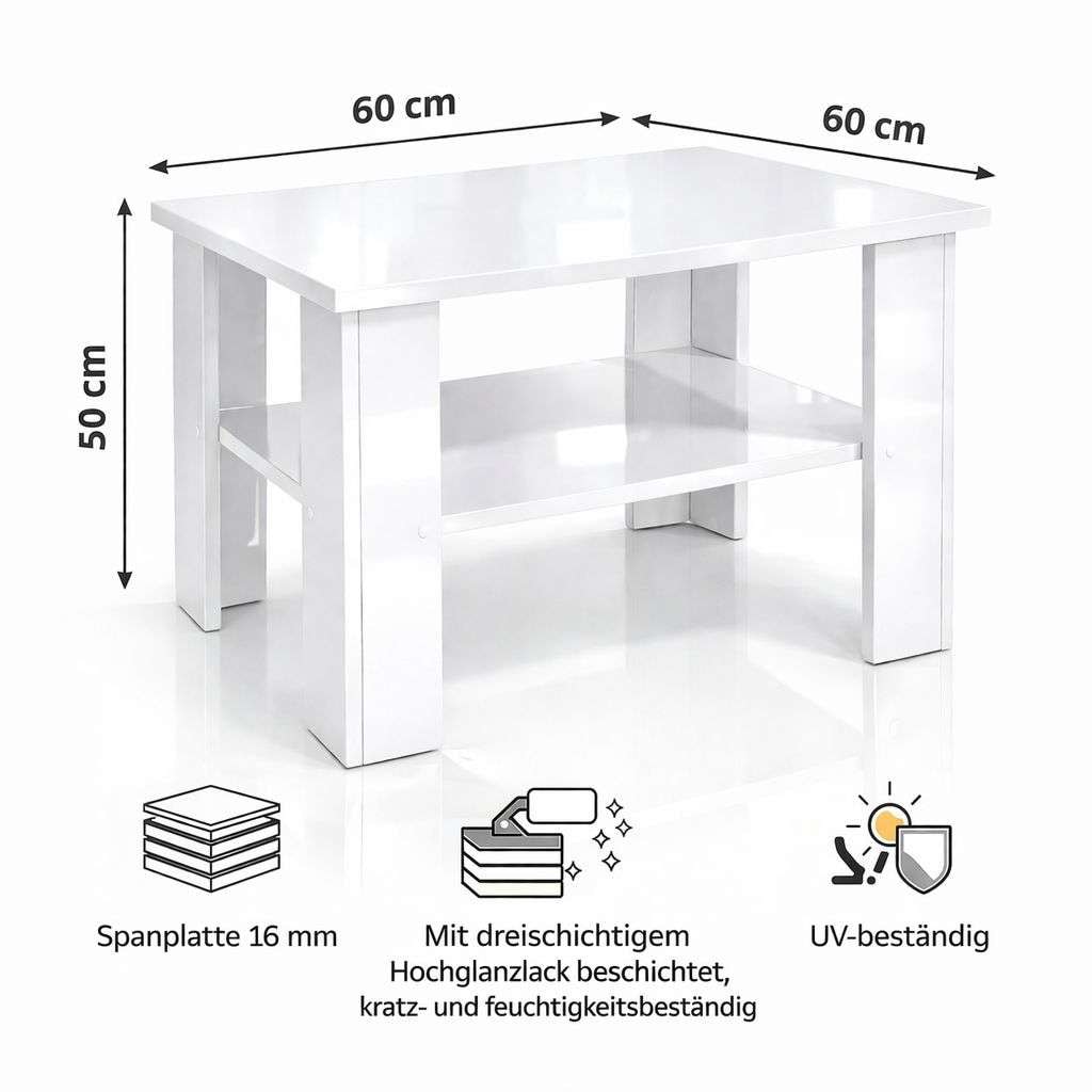 GOODproduct Couchtisch »CT 2 Wohnzimmertisch, Sofatisch, Beistelltisch, Kaffeetisch« Mit Ablage, quadratisch/rechteckig, weiss Hochglanz oder Sonoma-Dekor