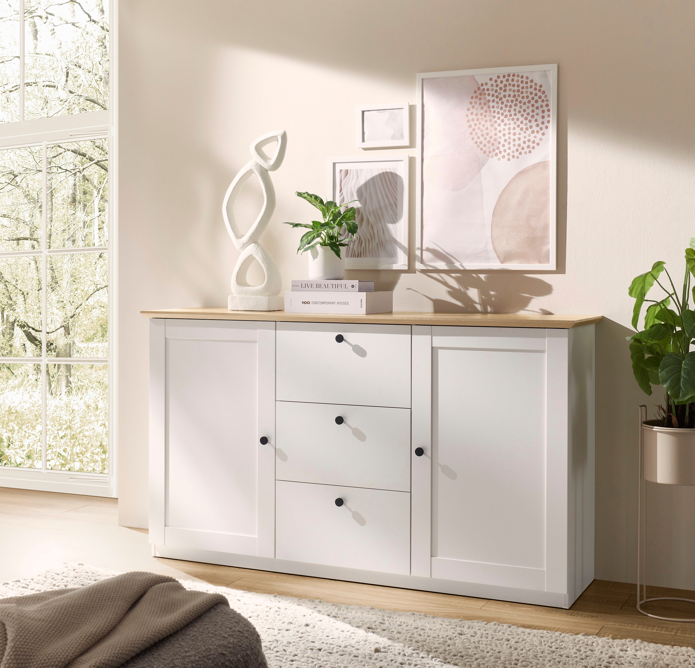 Image of GOODproduct Sideboard "Brest, Schrank im Landhausstil, Kommode, zeitloses Stauraumelement" schwarze Metallgriffe, ausreichend Stauraum, 164 cm breit