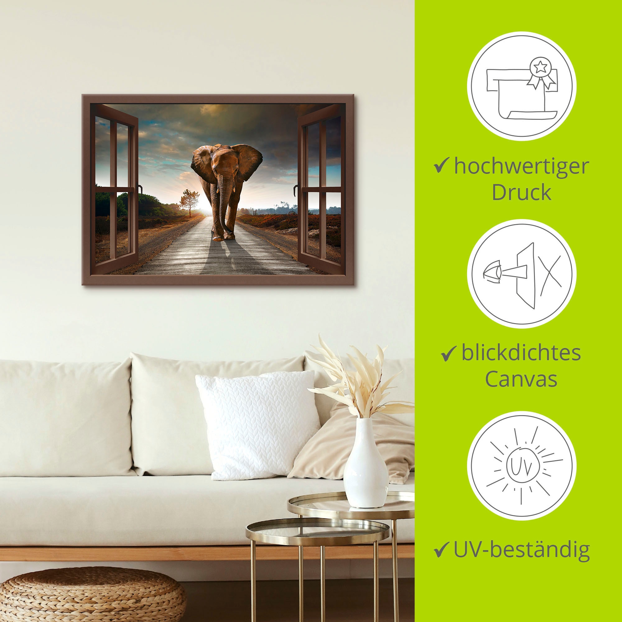 Artland Leinwandbild »Elefant auf Strasse - braunes Fenster« Fensterblick 1 Stk. tlg. auf Holzrahmen gespannt