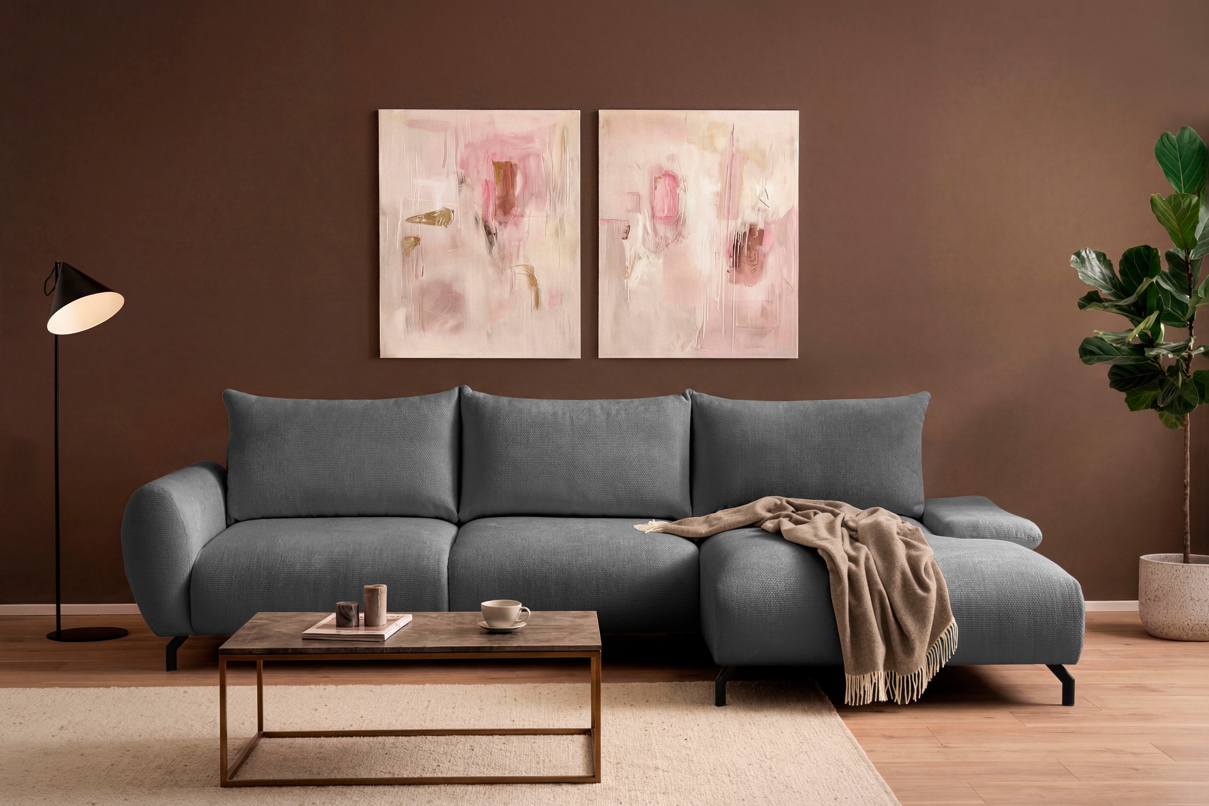 GOODproduct Ecksofa »KELLIE, L-Form, 315 cm, verstellbare Armlehne, Metallfüsse,« wahlweise Recamiere links o. rechts, Chenille-Stoff, hoher Sitzkomfort