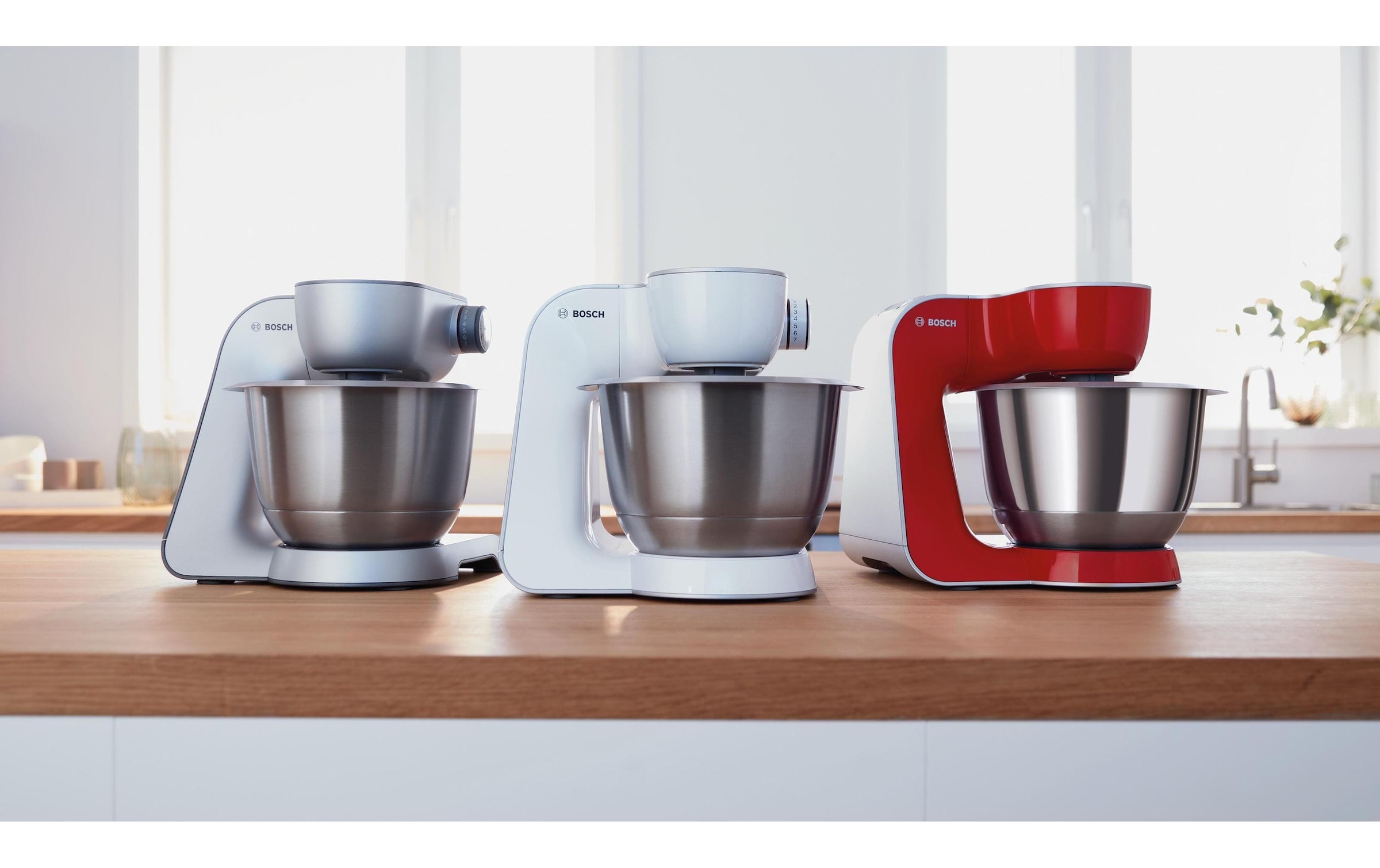 BOSCH Robot de cuisine »Serie 4 MUM58L20, Durchlaufschnitzler, Mixer, grau« 3 Scheiben, Schüssel, Knethaken/Rühr-/Silikonbesen, spülmaschinenfest