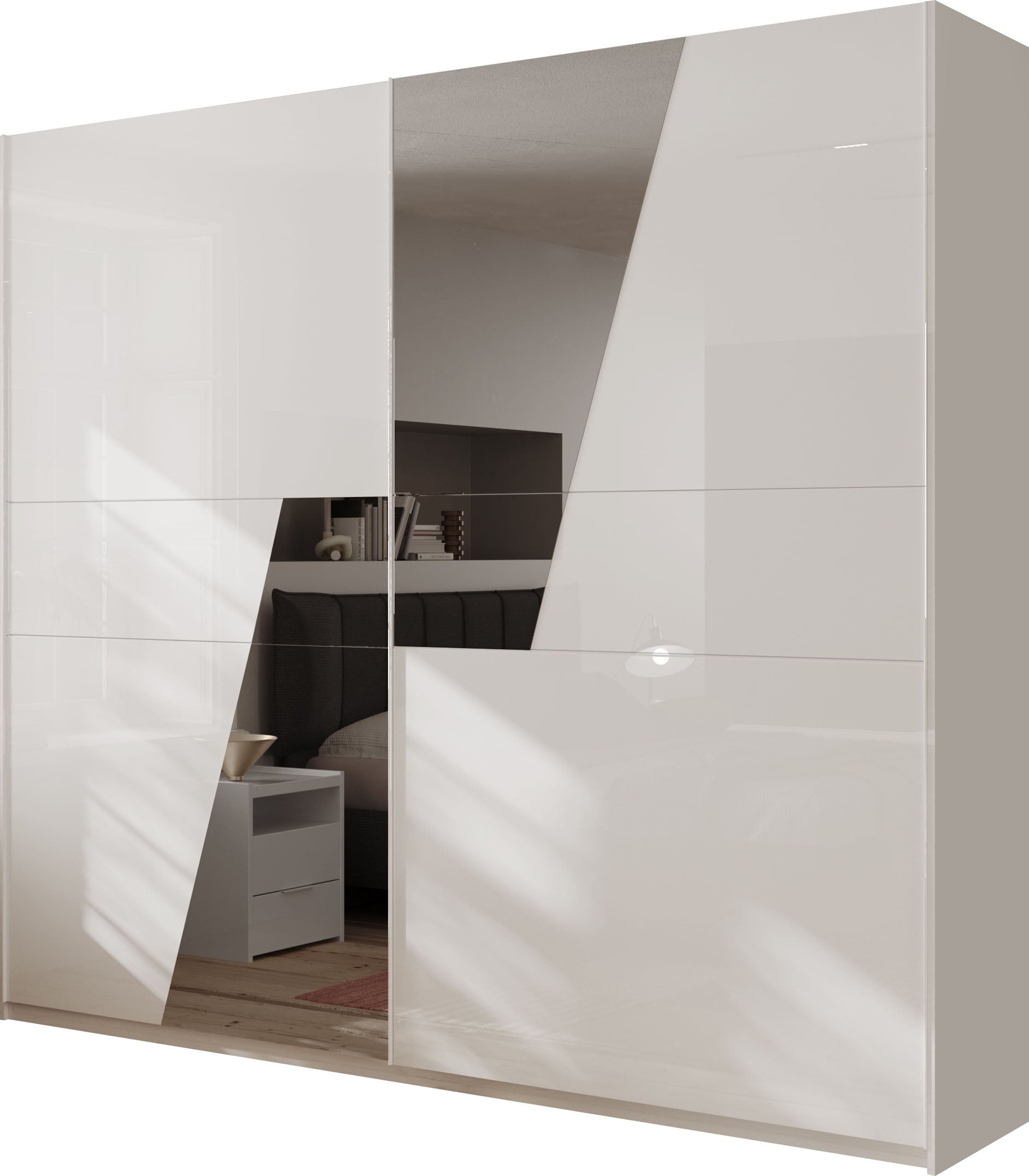 Image of Home affaire Schwebetürenschrank "Malmo, Kleiderschrank mit 2 Schiebetüren, Breite 276 cm, Höhe 240 cm," Weiss Hochglanz Lack, Front mit Spiegelfläche, Griffleisten aus Metall