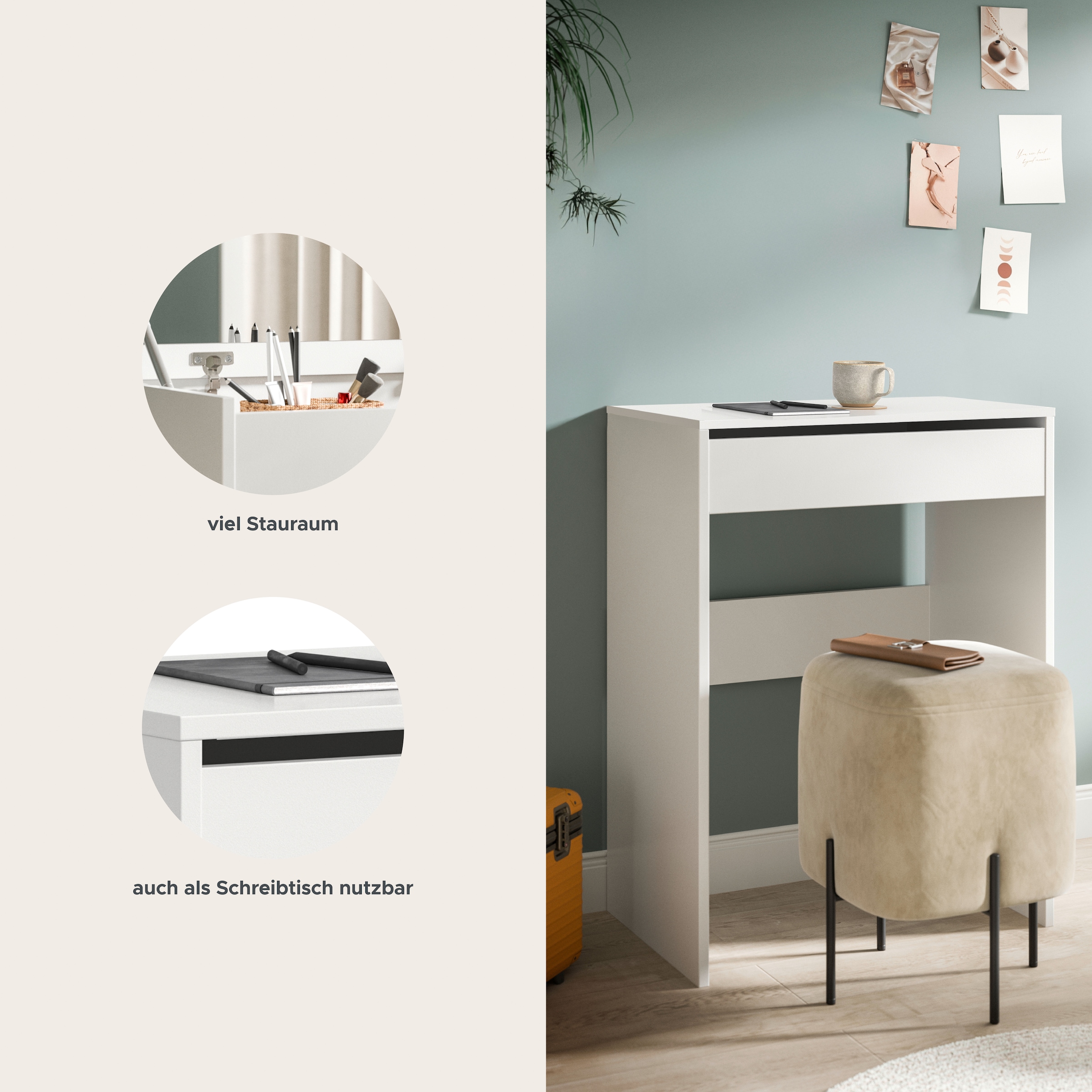 welltime Coiffeuse »MIRA, Breite 62cm, aufklappbar mit Innenspiegel & Stauraumfach« Kosmetiktisch, Frieserkommode, Schreibtisch, Home-Office-Schreibtisch