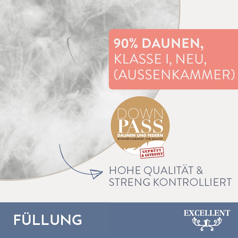 Excellent 3-Kammer-Kopfkissen »Venedig, Kissen hergestellt in Deutschland!«, Füllung: 90% Daunen (Aussenkammer), Bezug: 100% Baumwolle, (1 St.), allergikerfreundlich, Kissen vom Hohenstein Institute ausgezeichnet