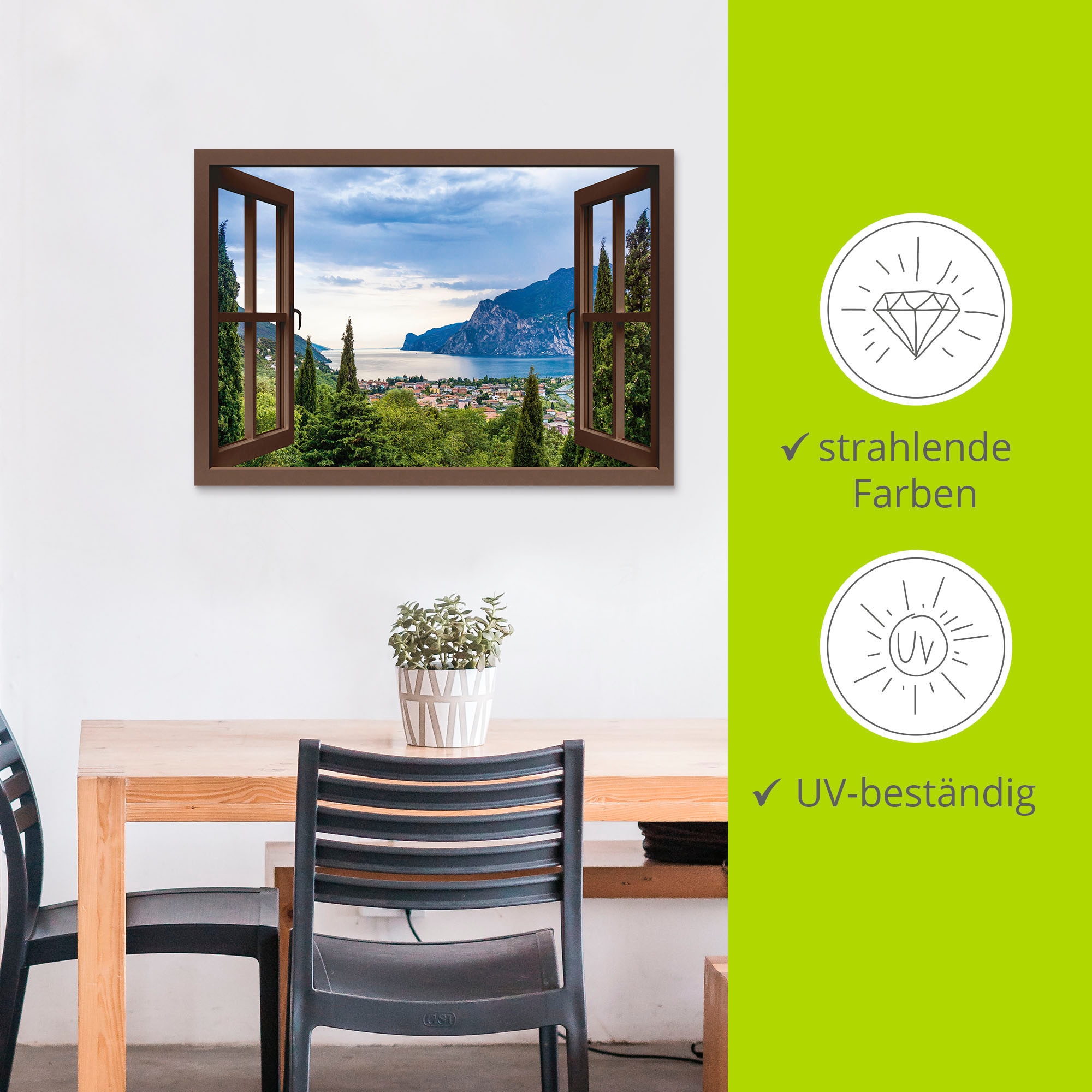 Artland Wandbild »Gardasee durchs braune Fenster«, Seebilder, (1 St.), als Alubild, Outdoorbild, Leinwandbild, Poster in verschied. Grössen