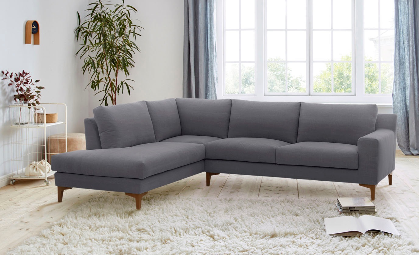 Image of andas Ecksofa »Narvik«, Frei im Raum stellbar, mit feinem Struktur Bezug, walnuss farbende Füsse aus Massivholz bei Ackermann Versand Schweiz