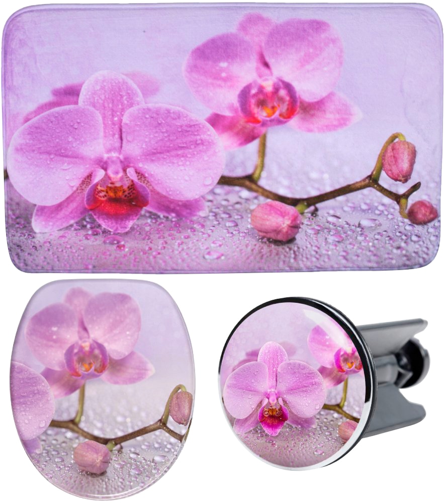 Image of Sanilo Badaccessoire-Set "Blooming" bestehend aus WC-Sitz, Badteppich und Waschbeckenstöpsel