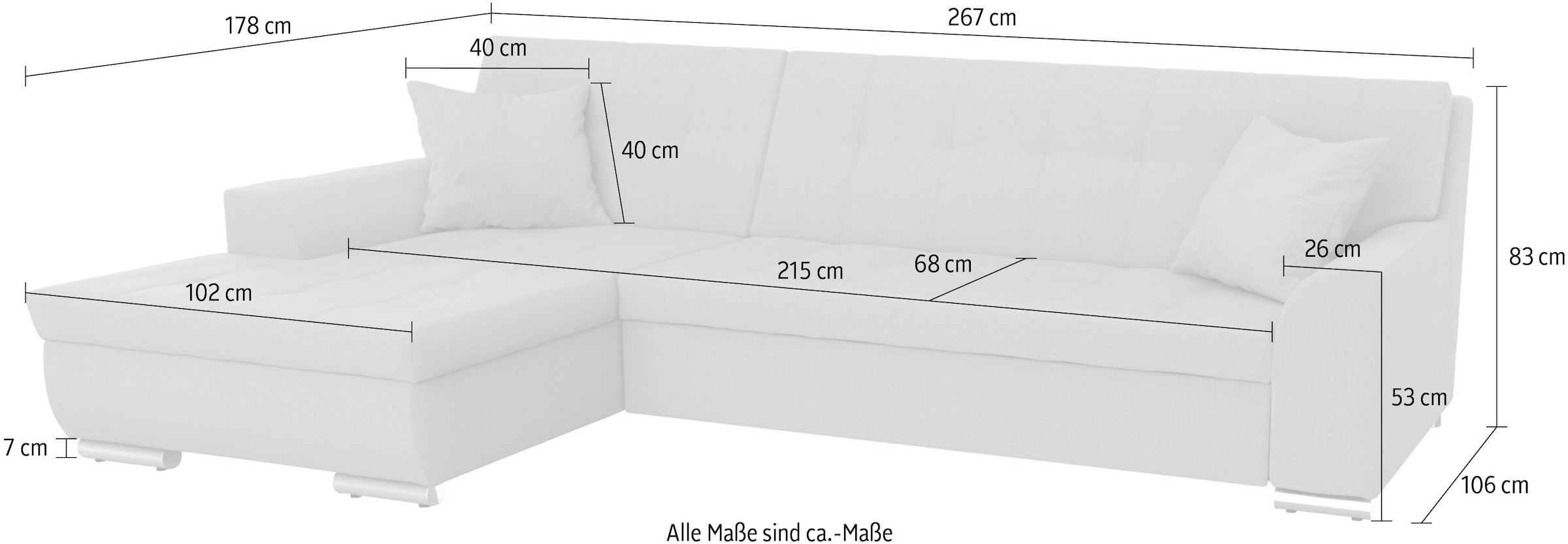 DOMO collection Ecksofa »TREVISO viele Bezüge, auch in Cord, L-Form, 267x178 cm« wahlw. mit Bettfunktion, inkl. Zierkissen, Unser Dauertiefpreis