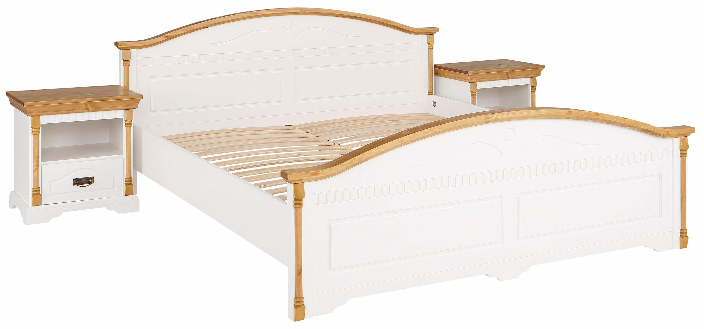 Home affaire Massivholzbett »Graz, hohe Belastbarkeit, klassischer Landhausstil, FSC® zertifiziert«, (Breite/Belastbarkeit 180cm/220 KG, 90cm/=120KG), mit dekorativen Fräsungen, inklusive Lattenrost