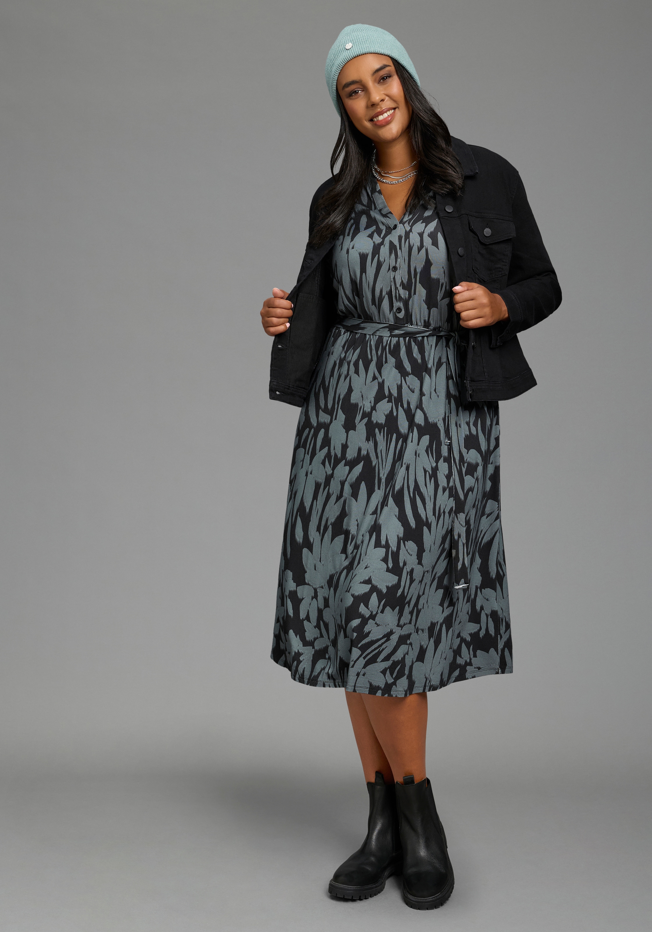 Laura Scott CURVE Jerseykleid »Grosse Grössen« wadenlang, gemustert, aus elastischer Viskosemischung, Langarm