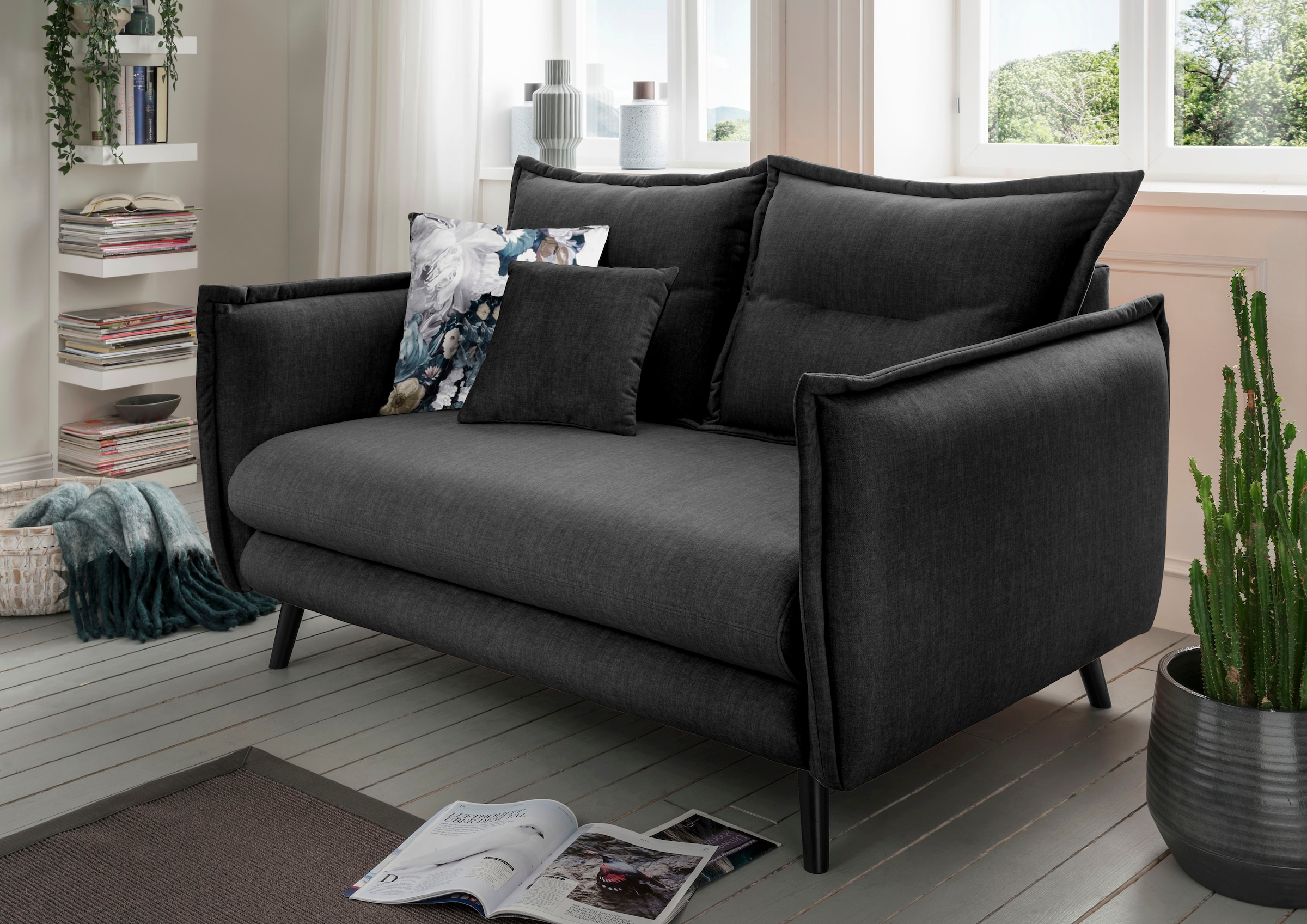 Image of Home affaire 2-Sitzer "Levke modernes Design: Kissen Optik, bequem, Holzfüss anthrazit" Velours, Kissen: Microfaser, inkl. Rücken- und Zierkissen