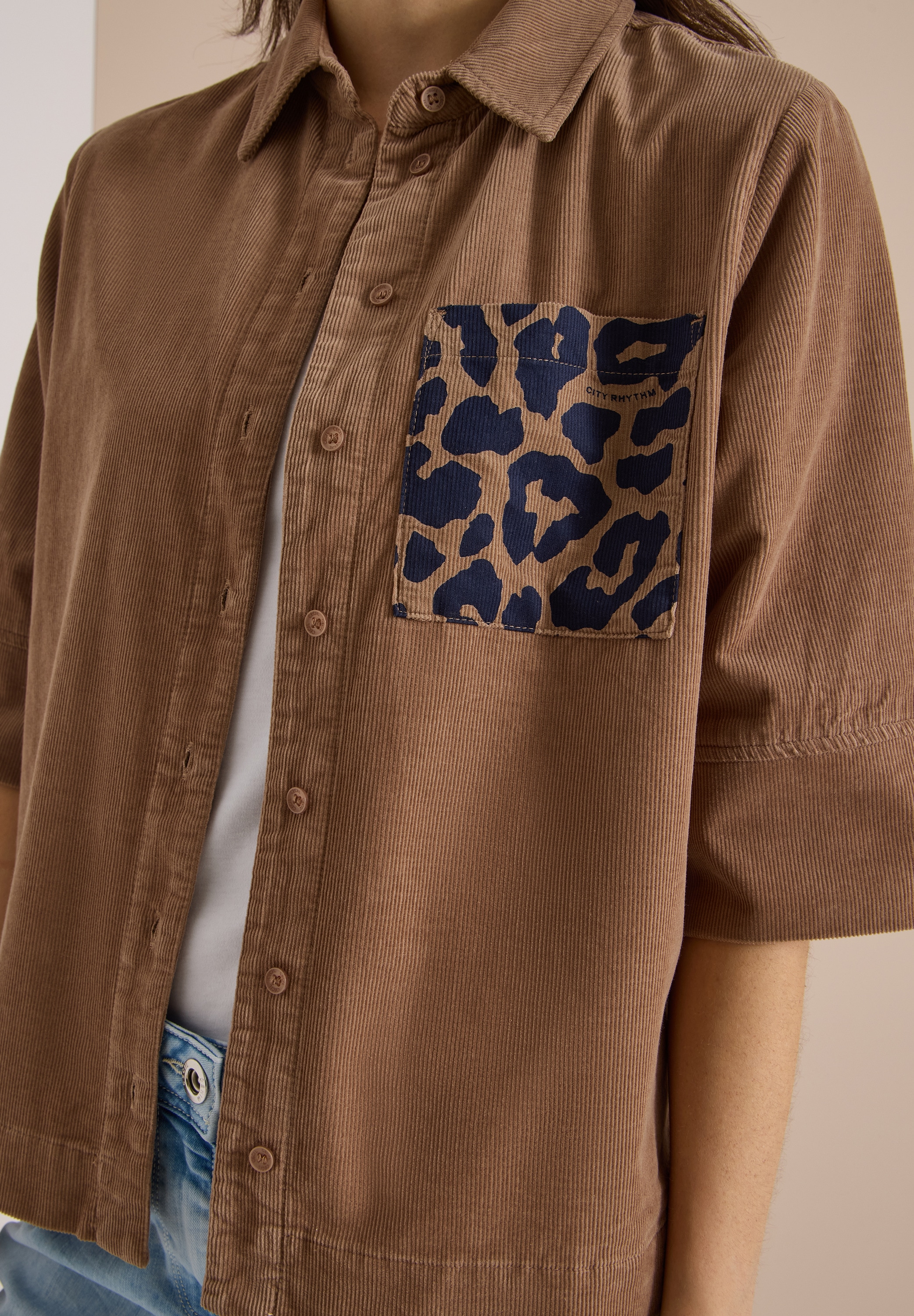 Cecil Kurzarmbluse Sommerbluse aus Cord mit Leo-Brusttasche