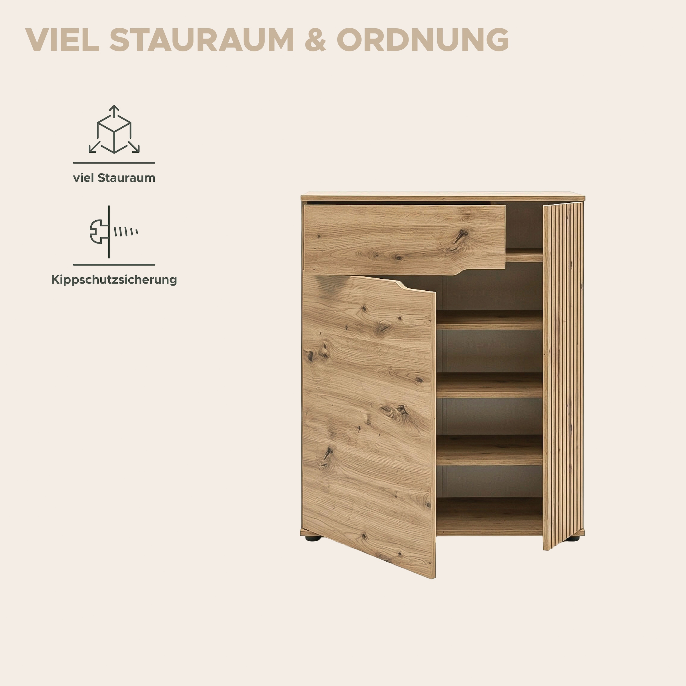 GOODproduct Commode à chaussures »FJELL, Breite 80cm, 2 Türen, 1 Schubkasten, 3 Einlegeböden, 5 Fächer« Armoire de rangement, armoire à chaussures, commode, buffet, vaisselier