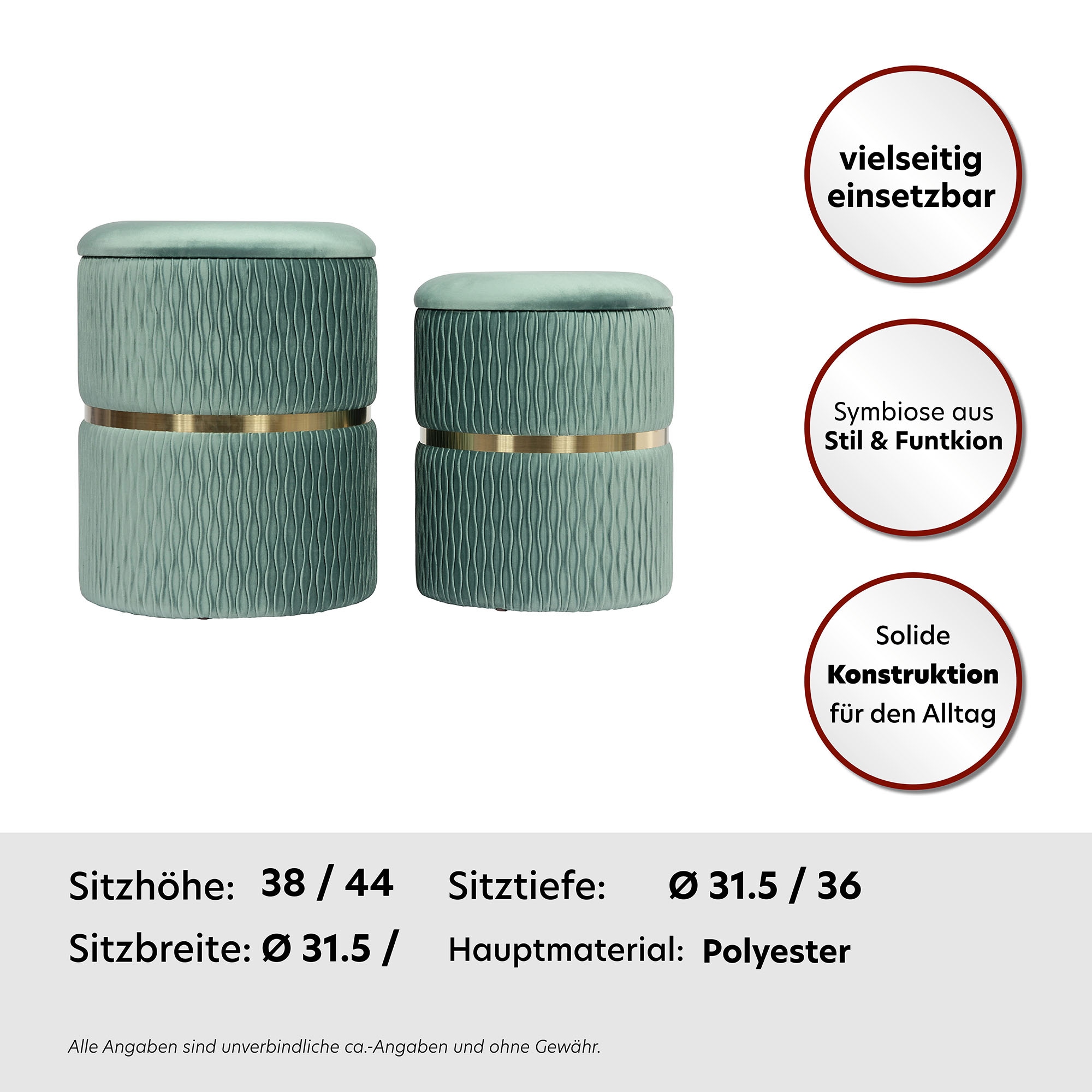 Kayoom Polsterhocker »Hocker Zora 425 2er-Set, Praktischer und versteckter Stauraum« Set, 2 Stk. tlg. 2er-Set mit Stauraum, ineinander stapelbar, goldener Ring