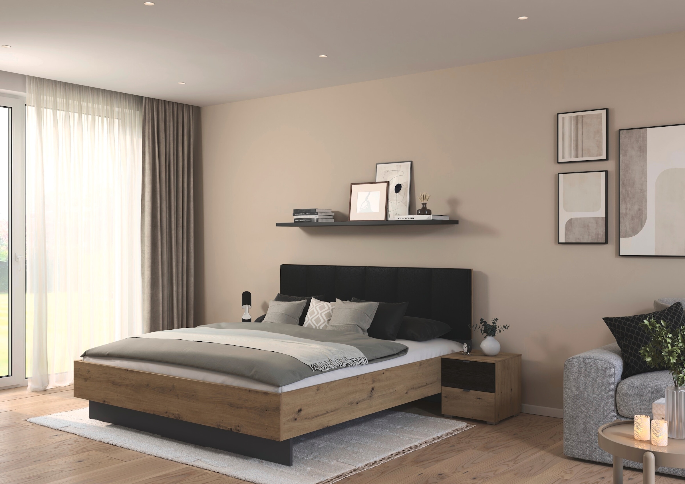 rauch Ensemble de lit »Bett Doppelbett Komfortbett Funktionsbett APOLLON« Surface de couchage 180x200, option avec banc de lit et rangement, 3 pièces tlg. tête de lit rembourrée en imitation cuir noir, 2 tables de nuit FABRIQUÉ EN ALLEMAGNE
