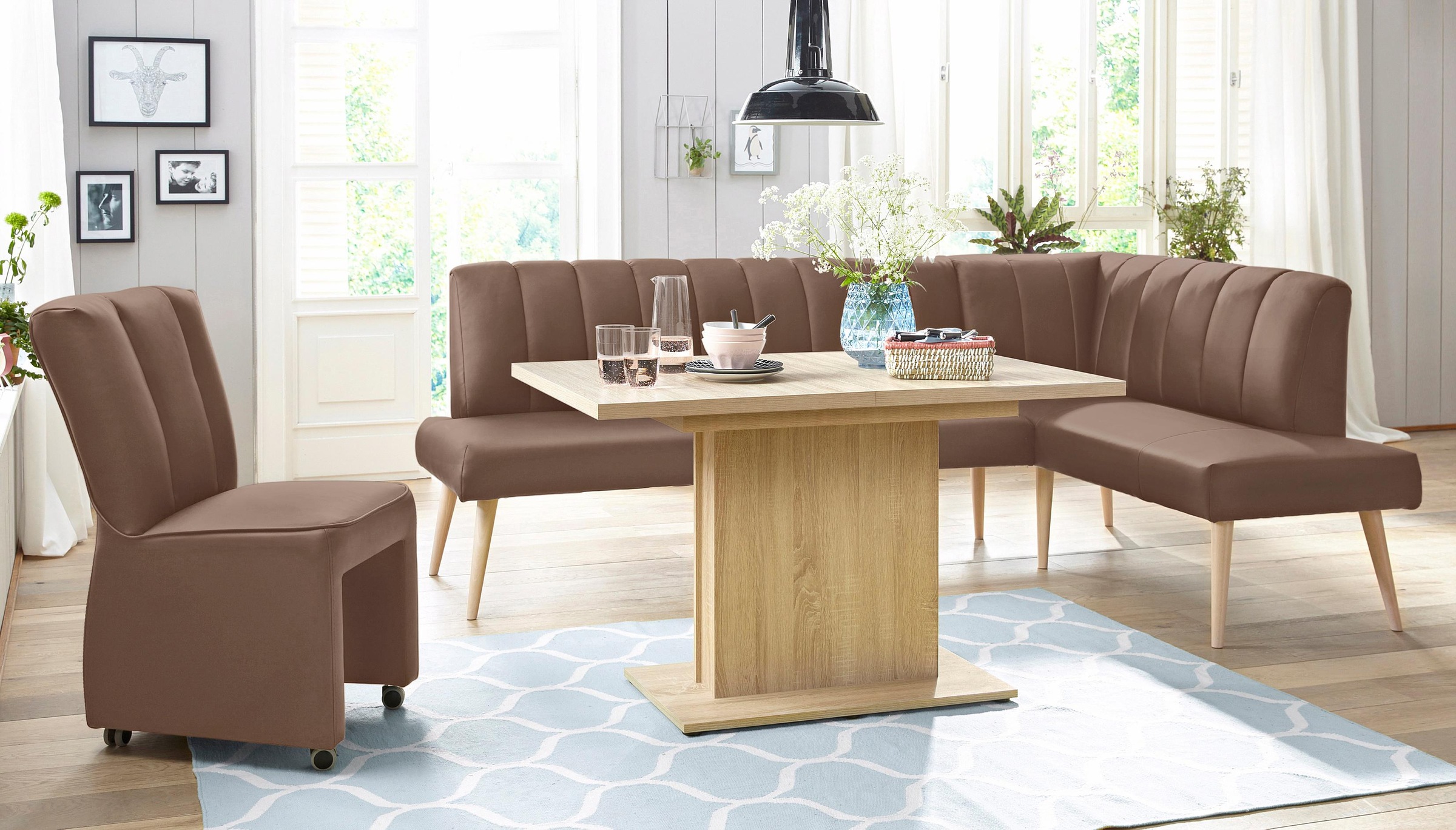 exxpo - sofa fashion Eckbank »Costa, moderne Rückensteppung, bequem und elegant, hoher Holzfuss«, hochwertig verarbeitet, Frei im Raum stellbar