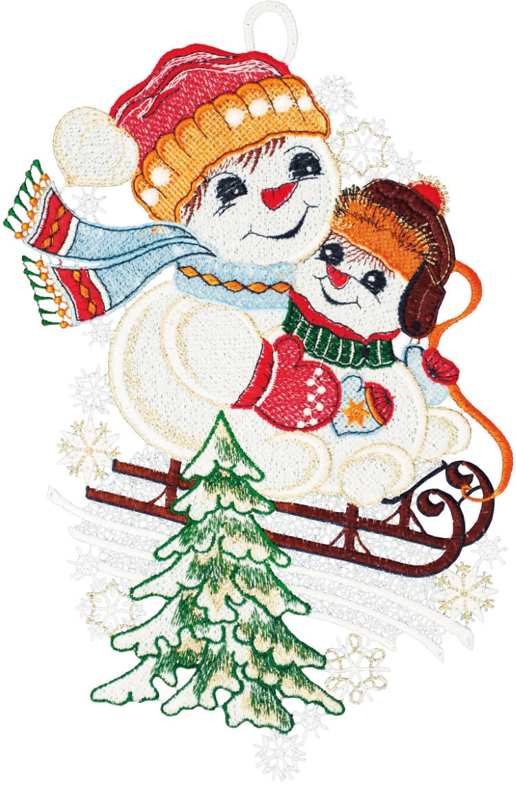 Image of W. Reuter & Sohn - Plauener Spitze Fensterbild "Schneemann mit Kind" Made in Germany