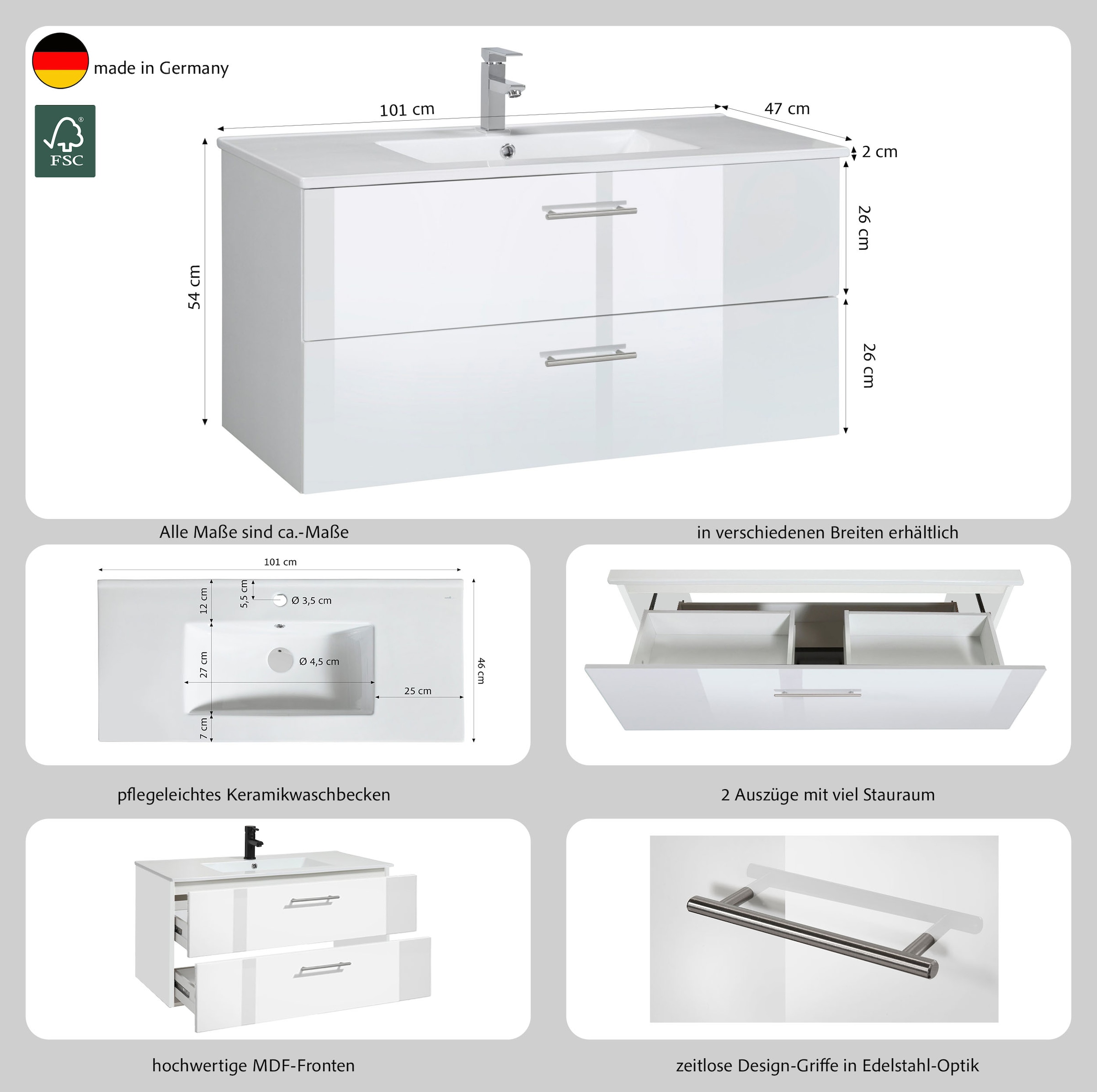 welltime Table de lavage »Trento in verschiedenen Ausführungen Unterschrank inkl. Waschbecken« meuble de salle de bain largeur 100 cm, plan vasque avec 2 tiroirs, armoire de salle de bain