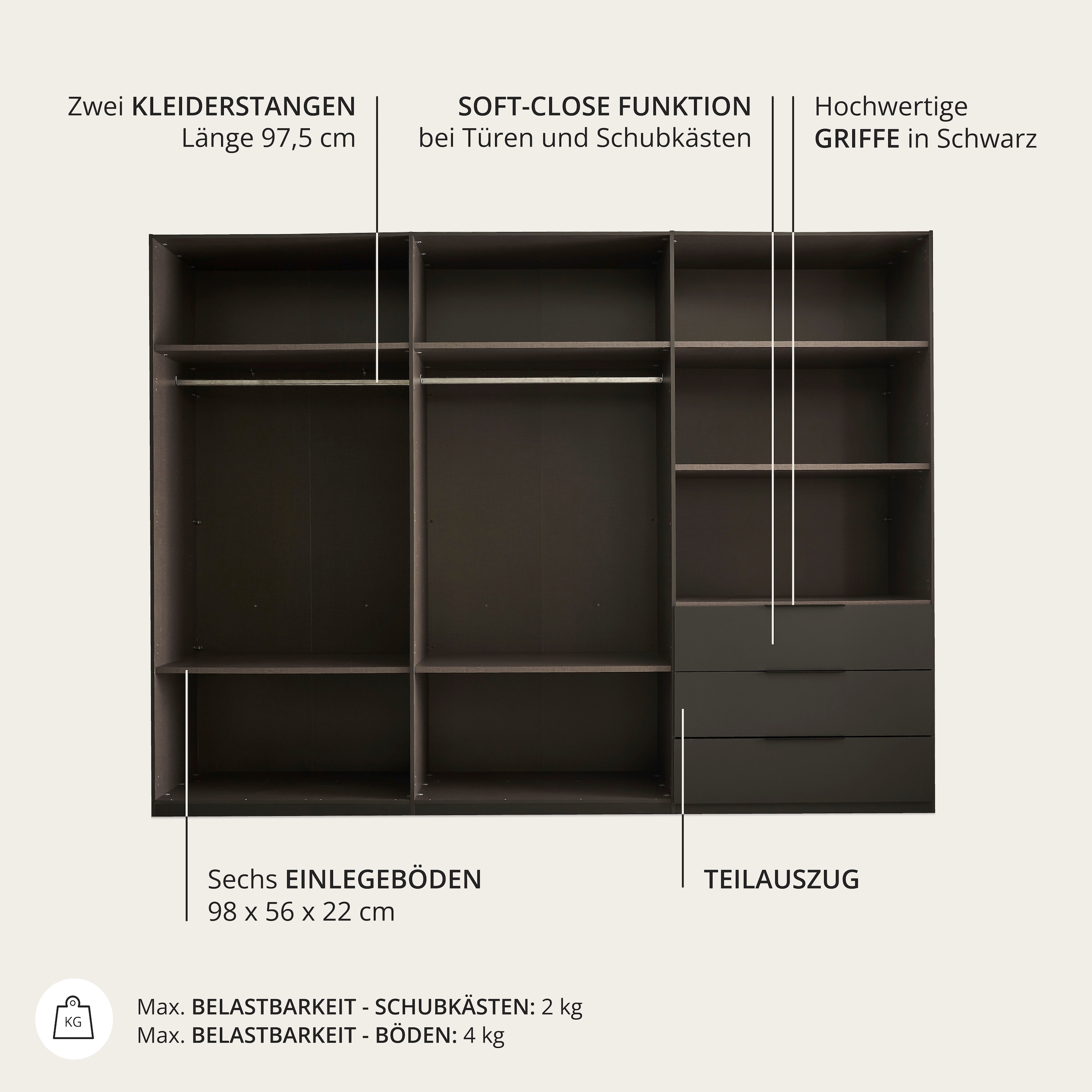 Schlafkontor Drehtürenschrank »Nuka 3m Kleiderschrank, Schrank mit 3 Schubkästen« mit farblicher Graphitabsetzung und Soft-Close-Funktion