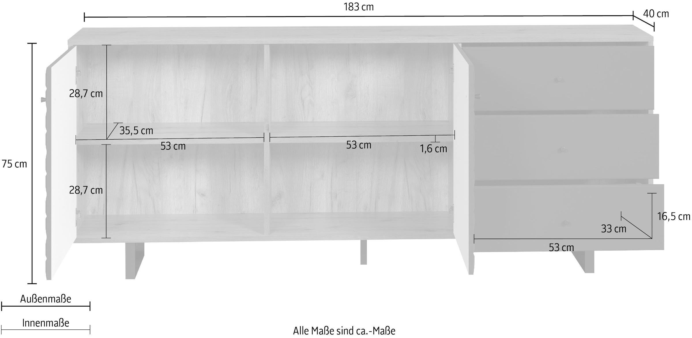 Places of Style Sideboard »Ferretti«, Wohnzimmerkommode mit besonderer Fräsung und Füsse/Griffe aus Metall