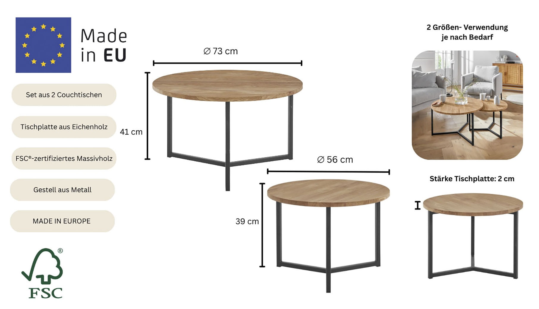 andas Couchtisch »Likta« Gesamtmasse 1 D/H: 73/41 & 2 D/H: 56/39 cm,  aus Eichenholz, FSC® zertifiziert, 2er-Set, stabiles Metallgestell