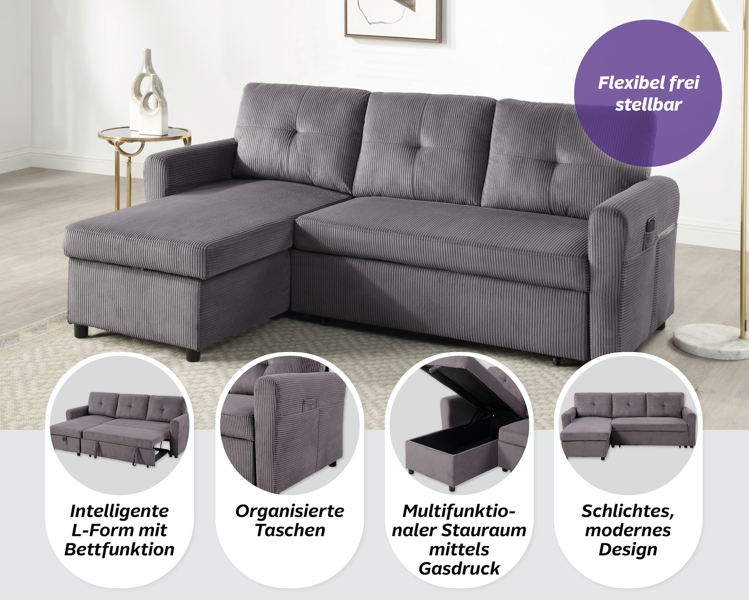 ATLANTIC home collection Canapé-lit »Gustavo L-Form, B: 199 cm« mit Bettfunktion, Bettkasten & seitlichen Taschen