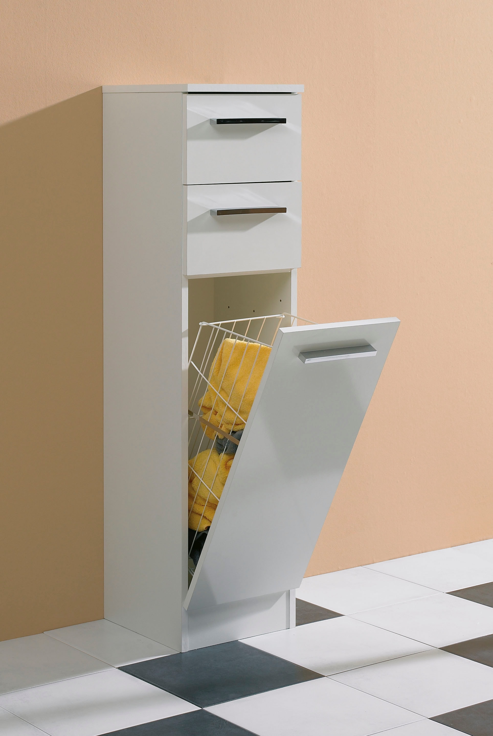 Saphir Armoire basse »Quickset 335 Badschrank, 1 Wäschekippe,  2 Schubladen, 30 cm breit« meuble sous lavabo, blanc brillant, poignées chromées brillantes