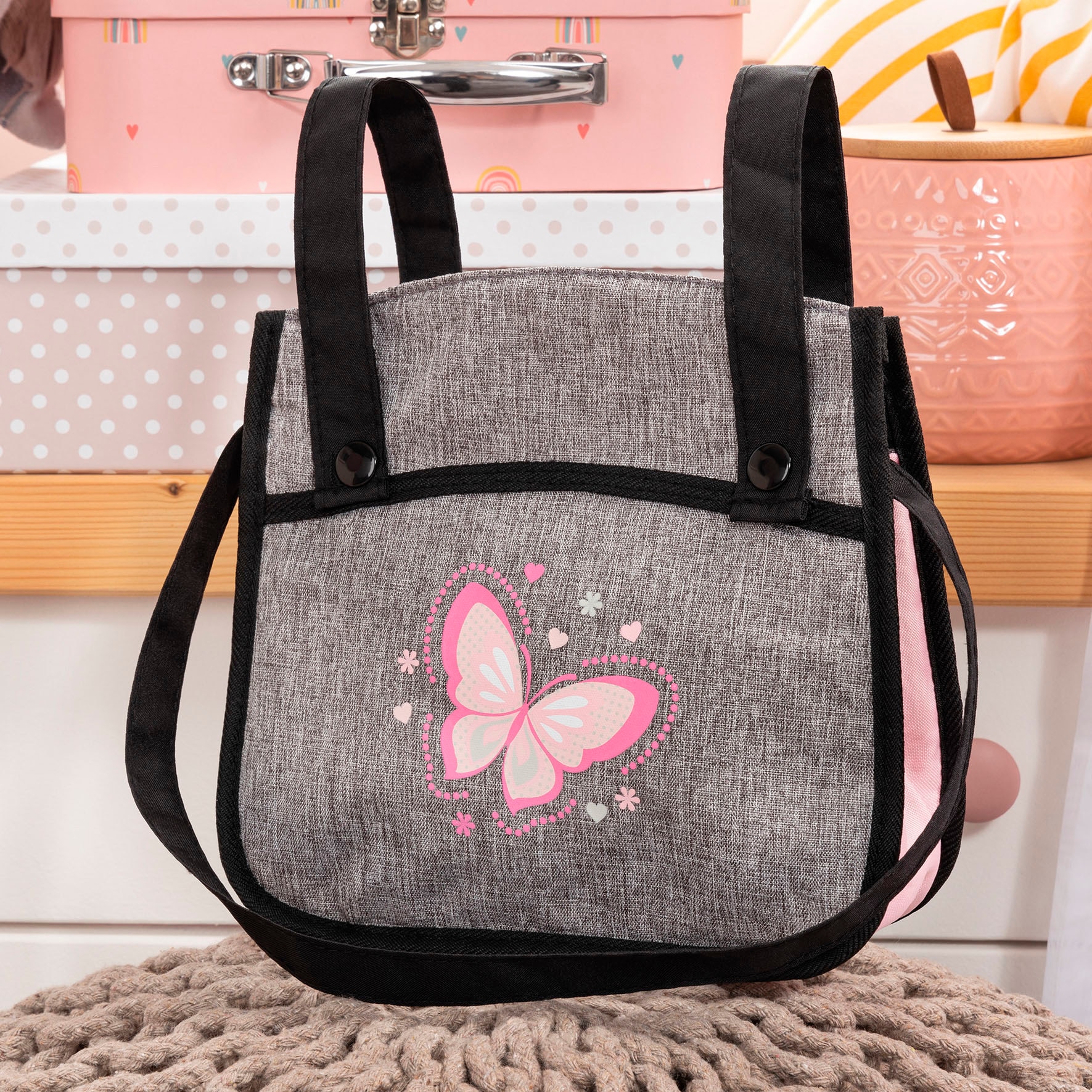Bayer Poussette jumelle pour poupée »Xeo Twin grau/rosa« mit Wickeltasche