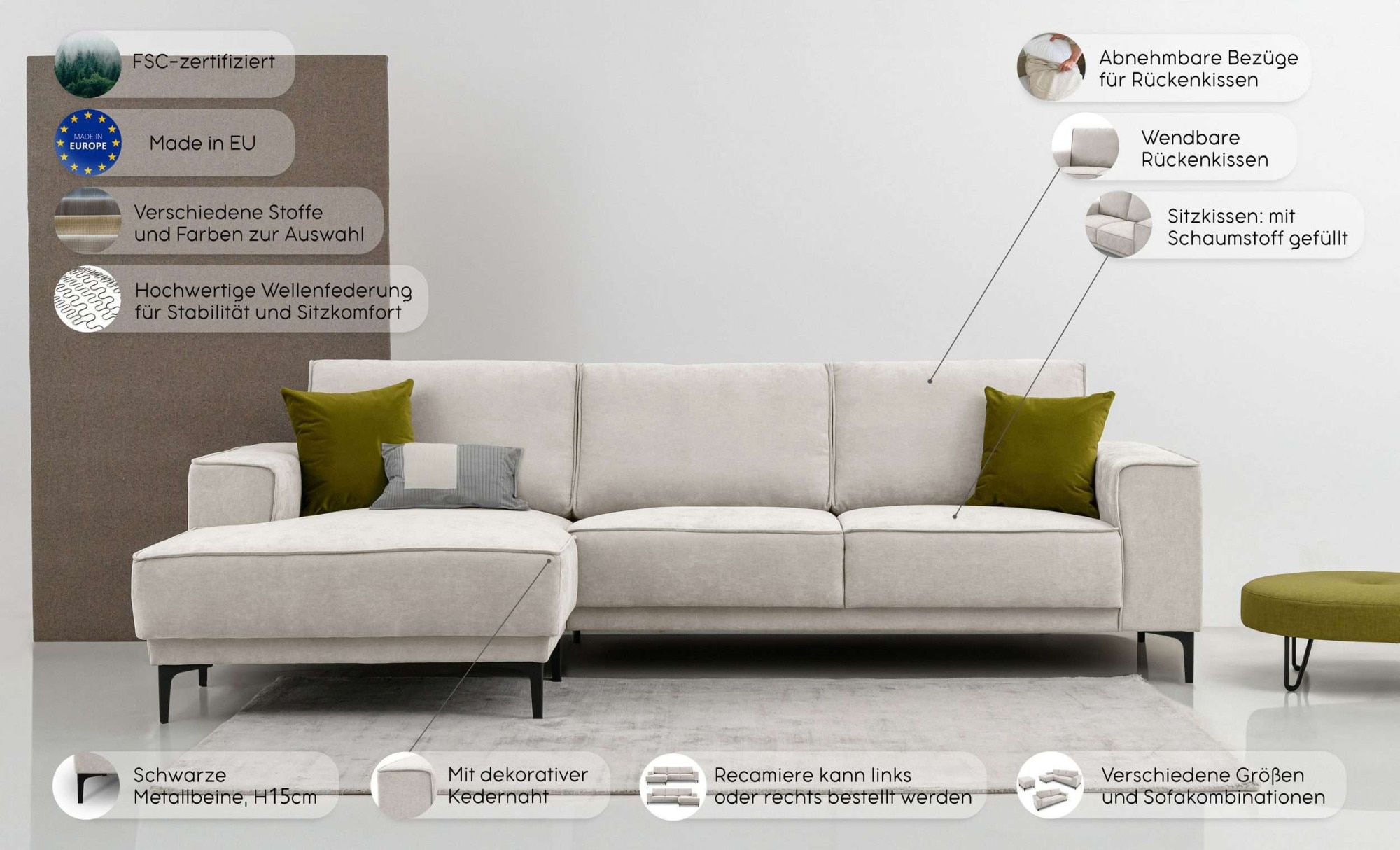 Places of Style Ecksofa »Polsterecke Oland, Struktur, Flachgewebe, Luxus-Microfaser, Boucle«, L-Form, 280 cm, Wellenunterfederung, Skandi-Design, Metallfüsse