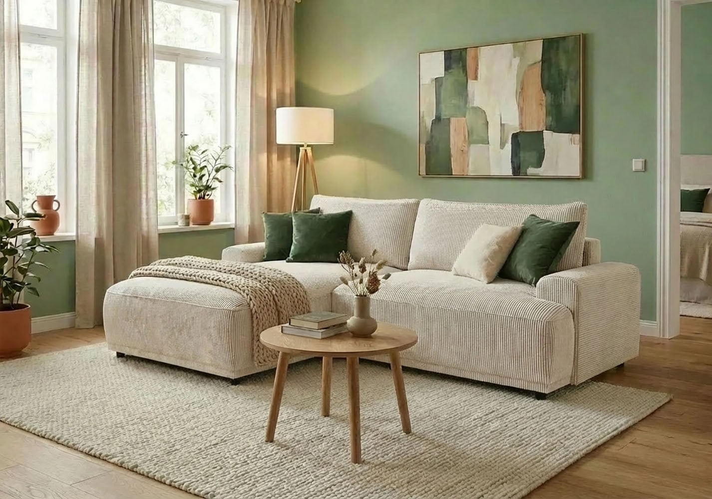 Image of TRENDMANUFAKTUR Ecksofa "Fordon, Schlafsofa mit Bettkasten, Couch in L-Form, Breite 250 cm" in Cordstoff HYPER, cream, Recamiere links