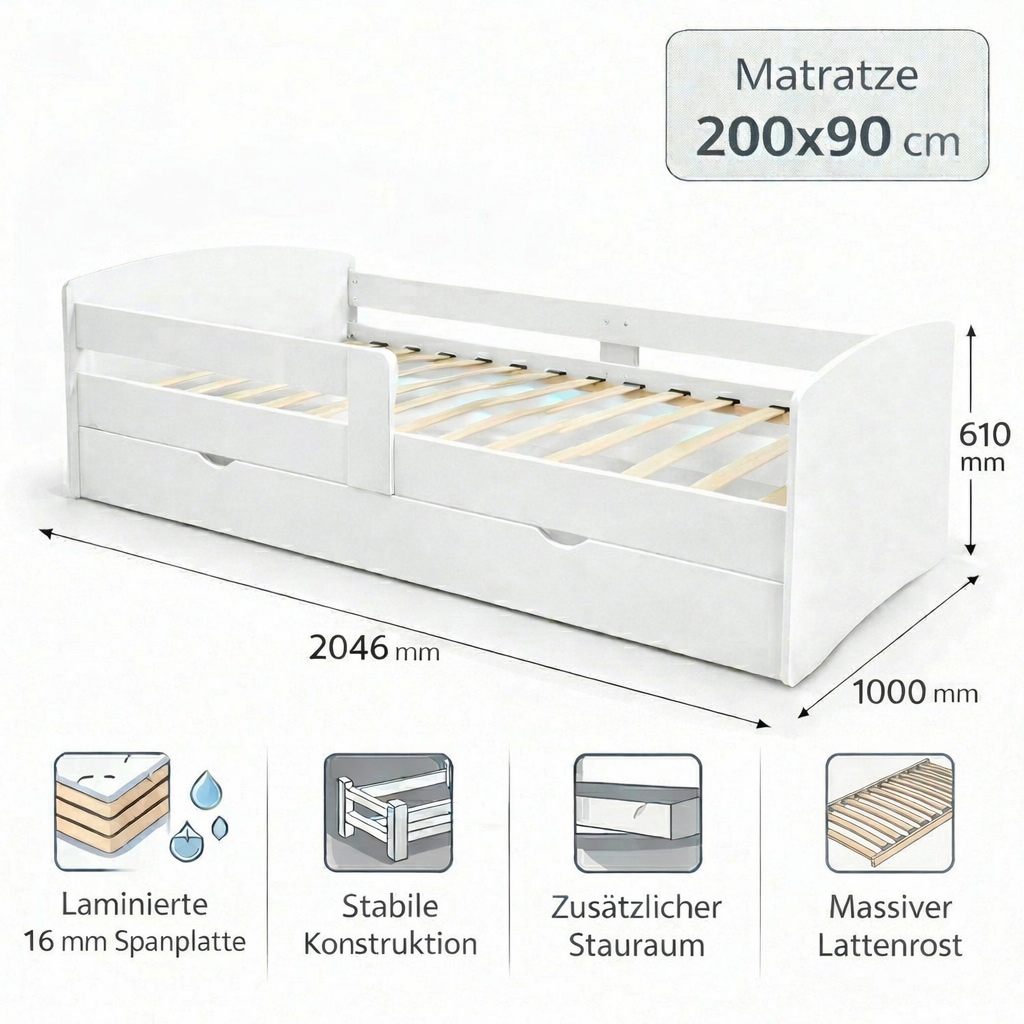 GOODproduct Stauraumbett »Cocolino, Daybett, Stauraumbett, Kinderbett, Einzelbett, Funktionsbett« mit Lattenrost, ausziehbarer Schublade, Liegefläche 90 x 200 cm