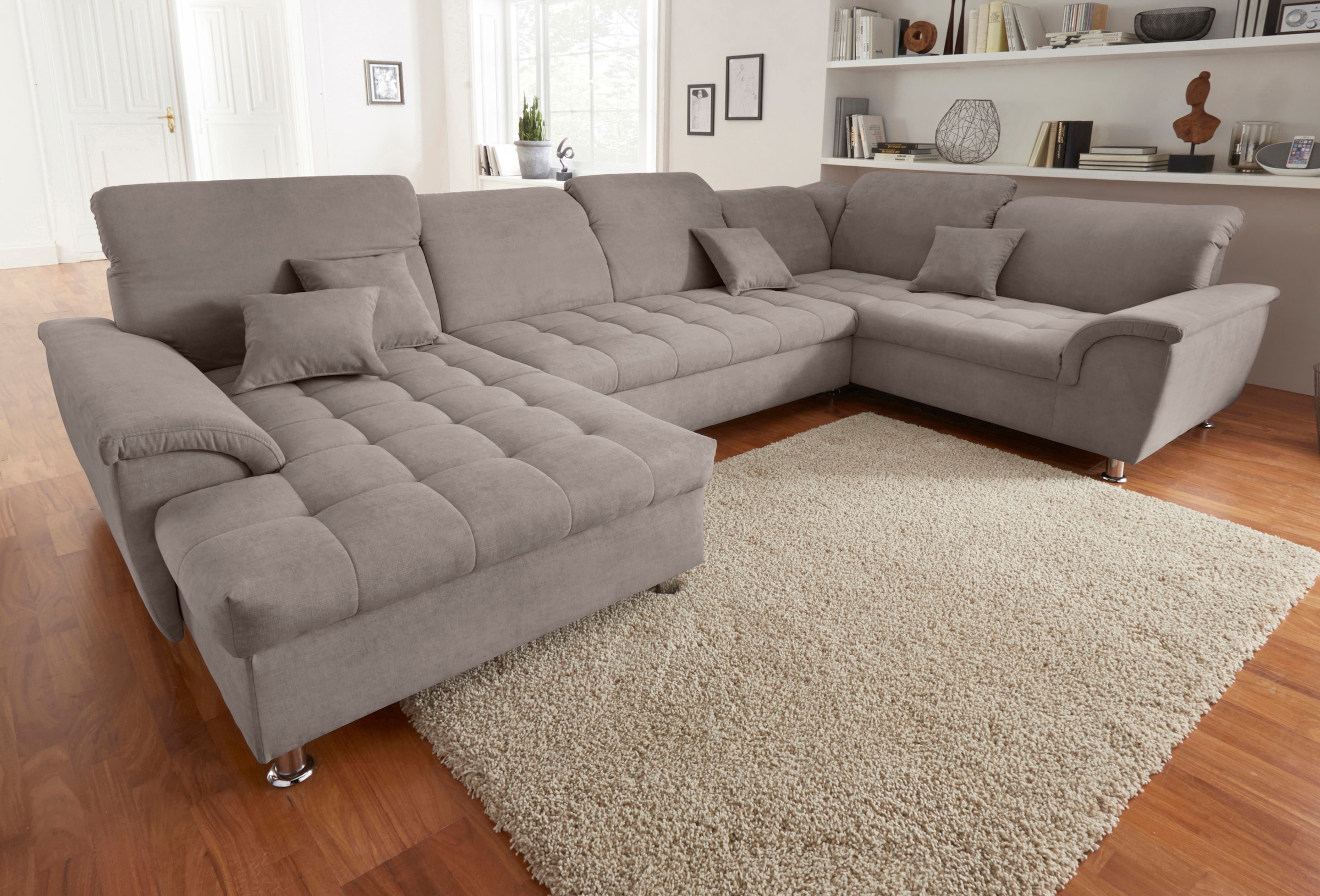 Image of DOMO collection Wohnlandschaft "FRANZI optional mit Bettfunktion, Bettkasten & Kopfteilverstellung" U-Form, Recamiere links, taupe, B/T: 352/214 cm