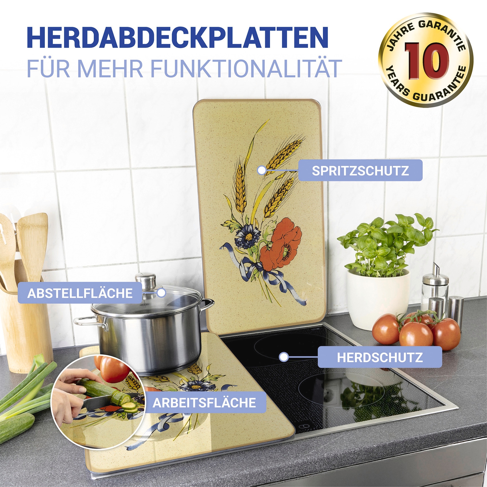 WENKO Herd-Abdeckplatte »Universal Modell Kornblumen«, (Set, 2 tlg.), Herdabdeckung für alle Herdarten, kratzfest, mit rutschfesten Füssen