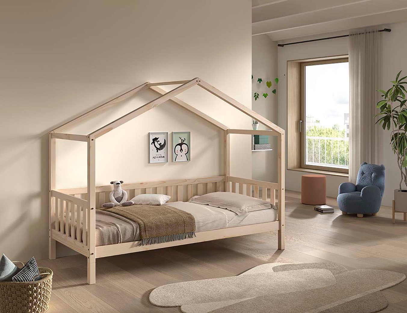 Vipack Hausbett »Dallas, Massivholzbett mit Dachaufbau umbaubar vom Boden- zum Daybett« inkl. Rolllattenrost und Sprossenumrandung, 90 oder 140x200 cm breit,  stabil und standfest gebaut, wahlweise Kiefer massiv natur oder weiss