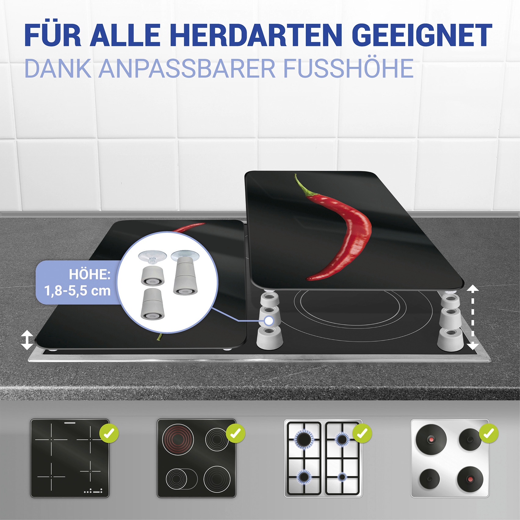 WENKO Herd-Abdeckplatte »Universal Modell Hot Peperoni«, (Set, 2 tlg.), Herdabdeckung für alle Herdarten, kratzfest, mit rutschfesten Füssen