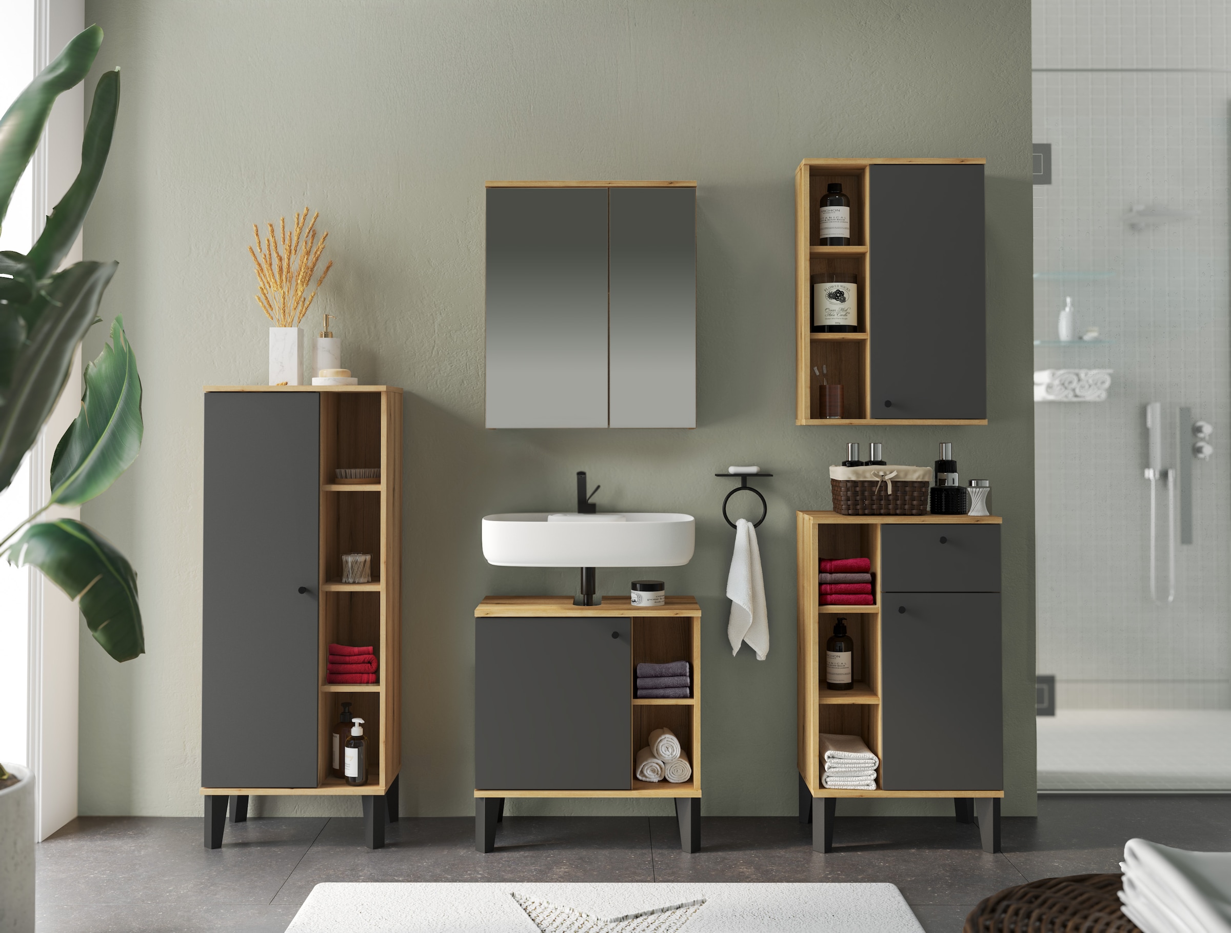 INOSIGN Stauraumschrank »Oslo, Badschrank mit Knopfgriff, Hochschrank im skandinavischen Design« in der Türfarbe Weiss oder Grau verfügbar, ausreichend Stauraum