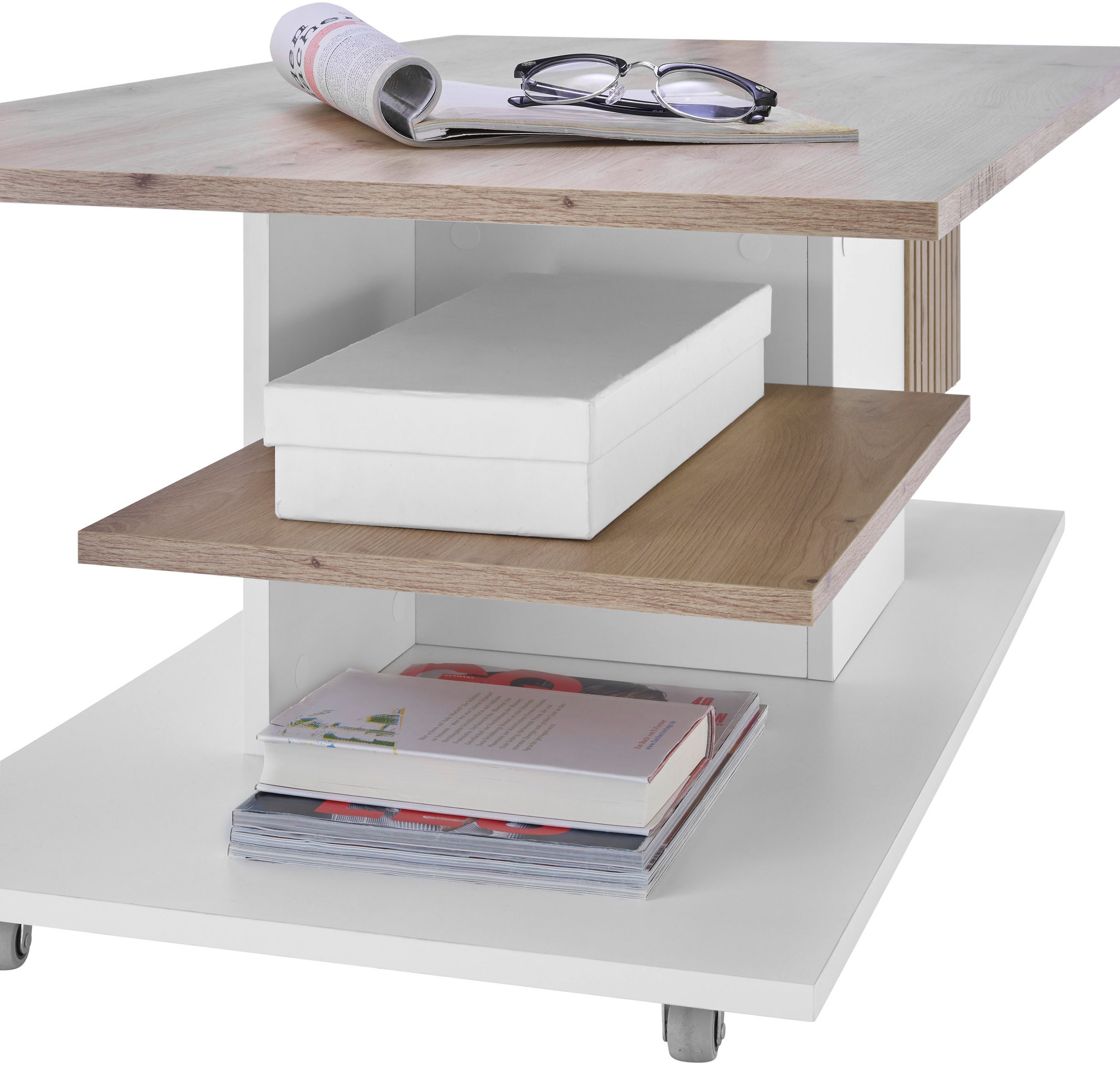 Stolkom Couchtisch »Ally Wohnzimmertisch rollbar Weiss, Artisan Dekor, BxHxT 110x44,5x60 cm«, Schubladenfront mit Lamellen-Optik, Couchtisch rollbar