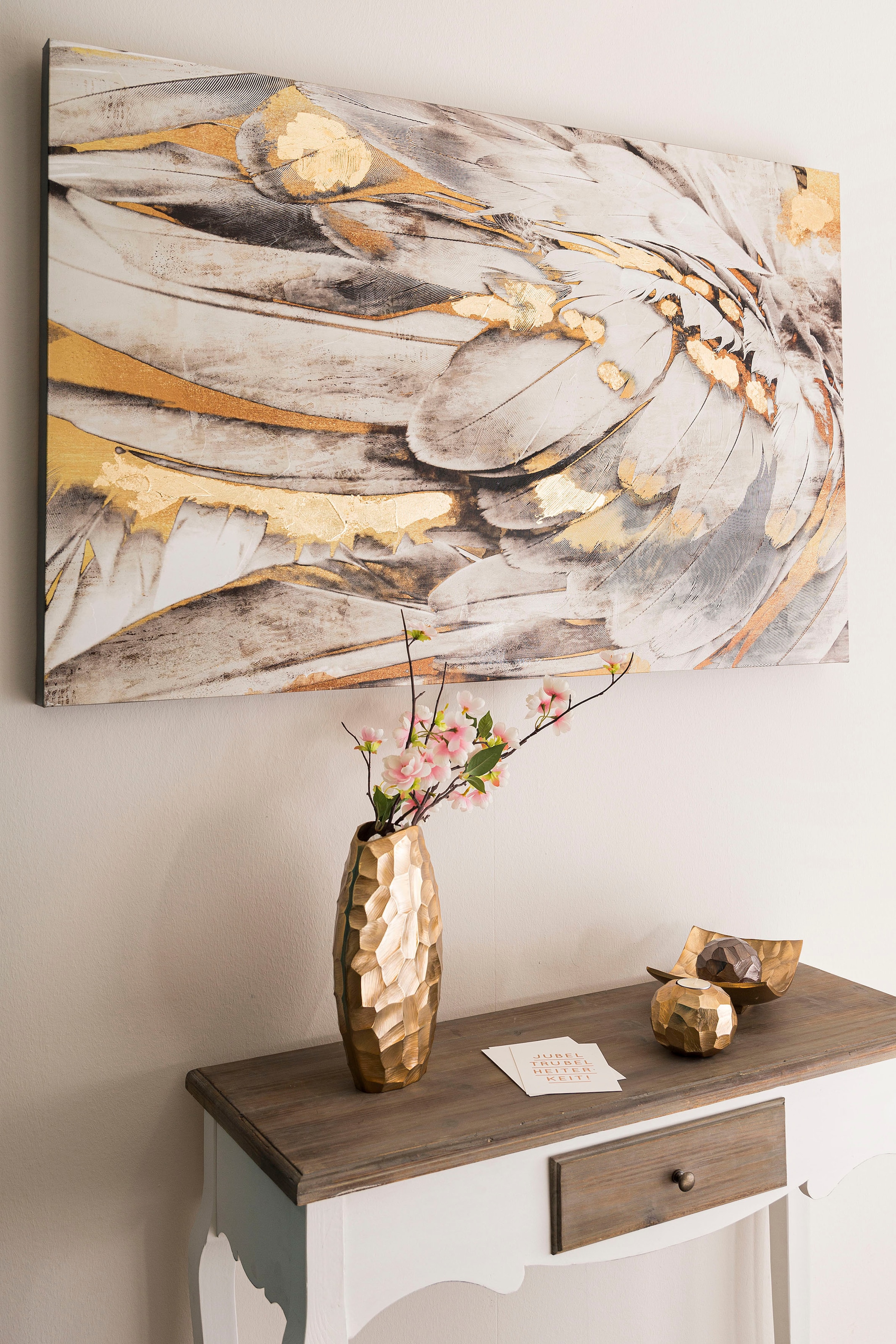 Myflair Möbel & Accessoires Ölbild »Gemälde Federn, weiss/goldfarben«, Bild  auf Leinwand, 80x120 cm, Wohnzimmer günstig kaufen