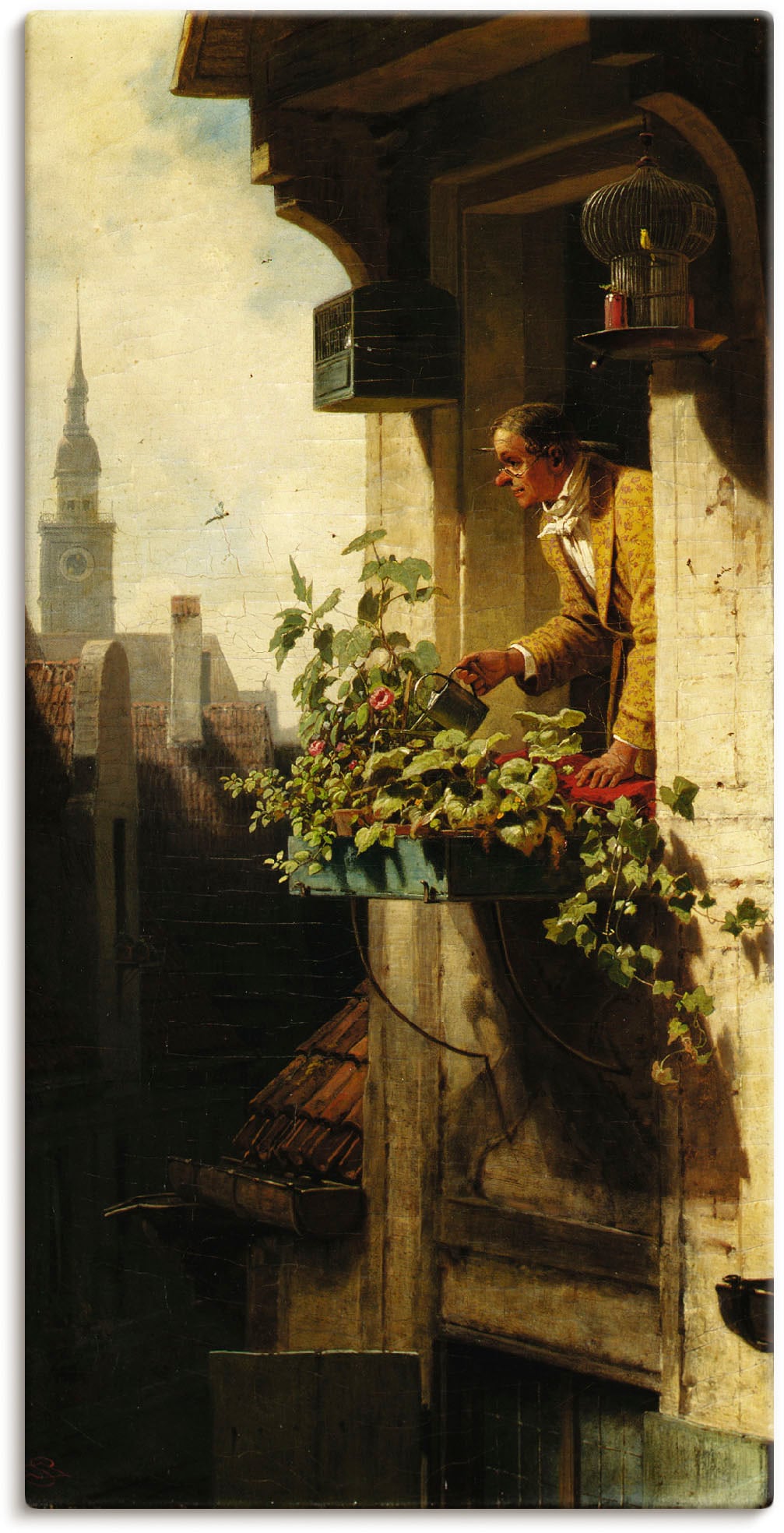 Leinwandbild »Mann beim Giessen des Blumenkastens«, Mann, (1 St.), auf Keilrahmen...