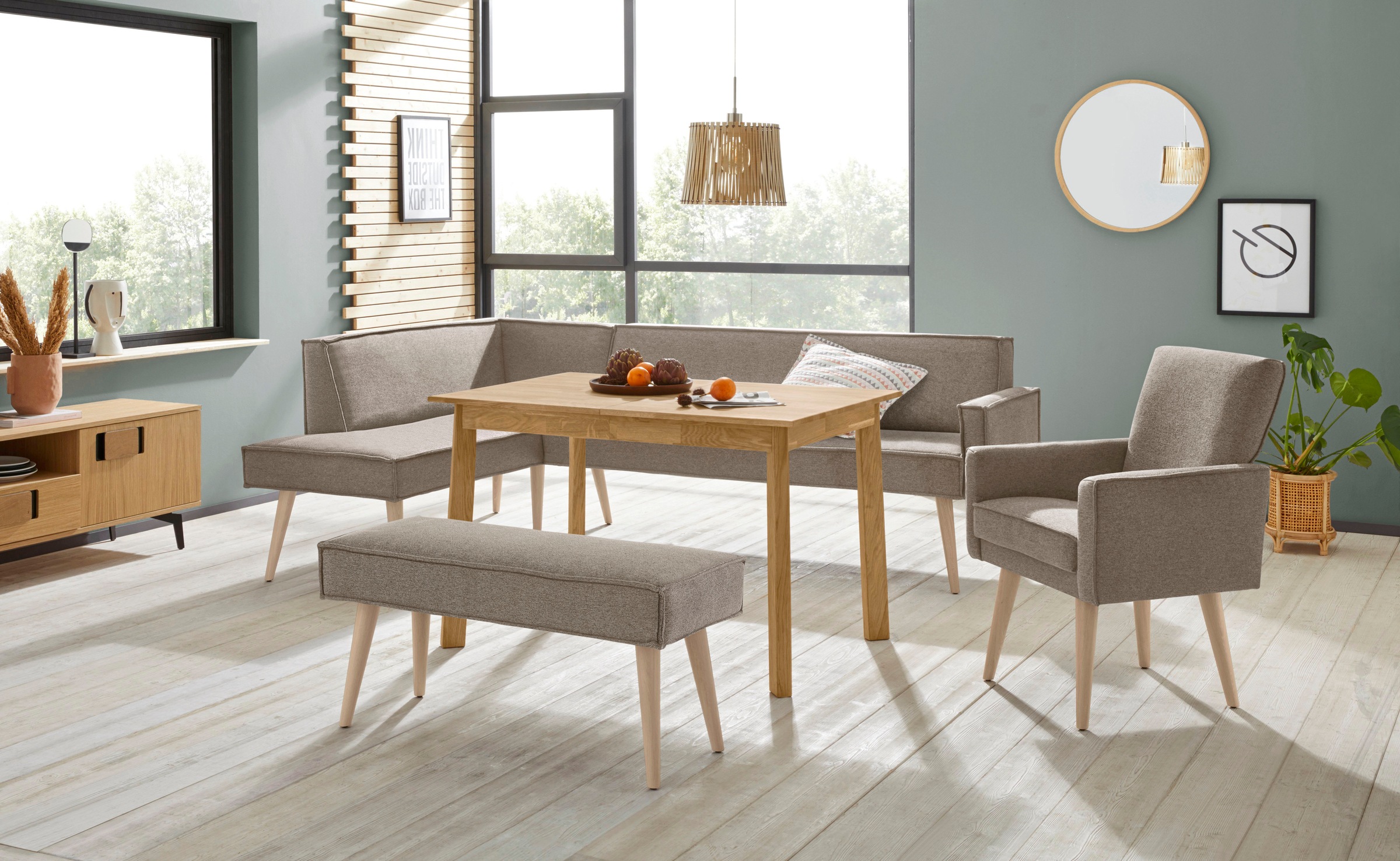 exxpo - sofa fashion Eckbank »Lungo, moderne Kedernaht, bequem und elegant, hoher Holzfuss«, hochwertige Detailverarbeitung, frei im Raum stellbar