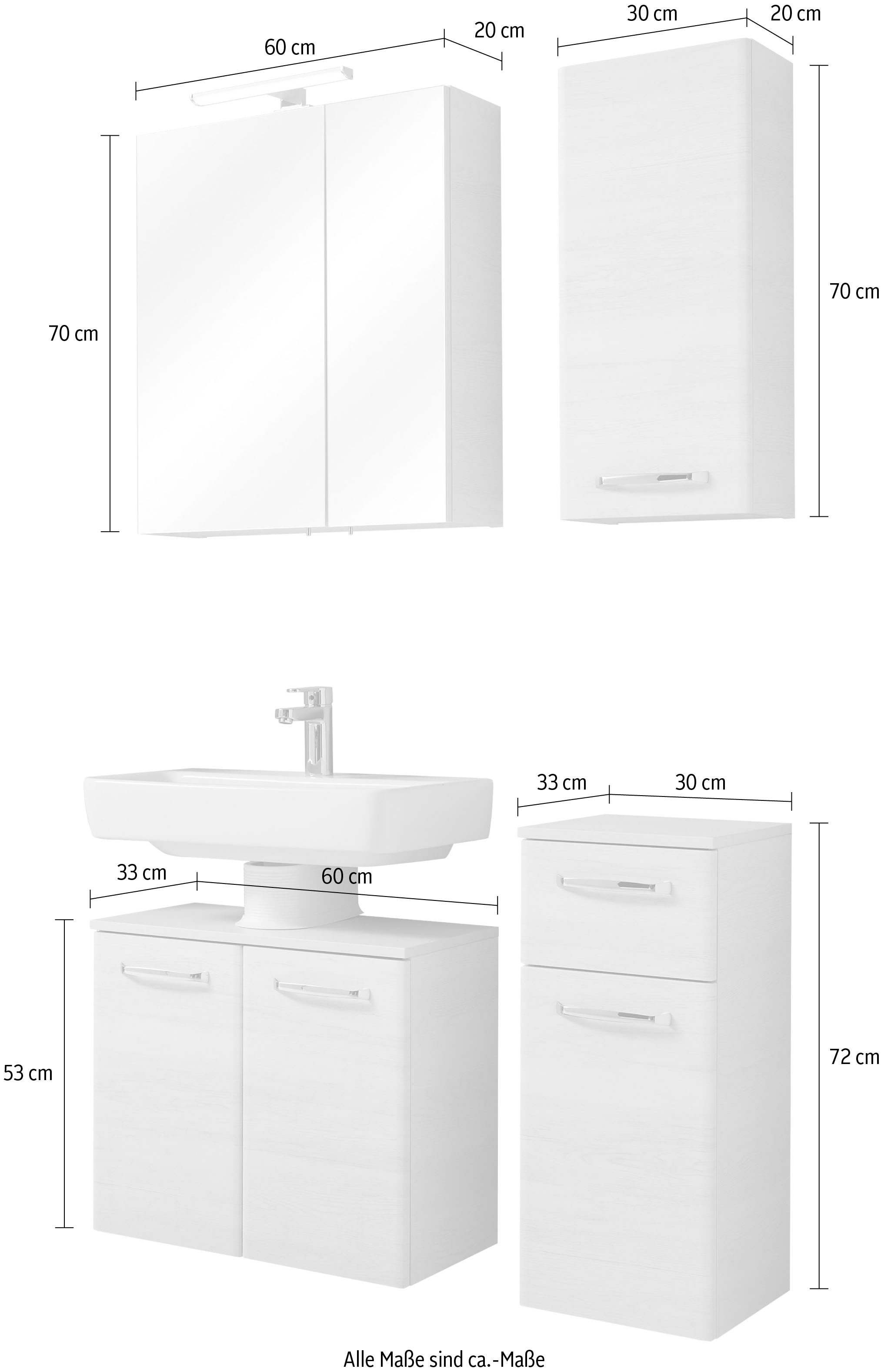 Saphir Ensemble de meubles de salle de bain »Quickset 936 4-teilig, Waschbeckenunterschrank mit LED-Spiegelschrank« Ensemble, 4 cuis tlg.