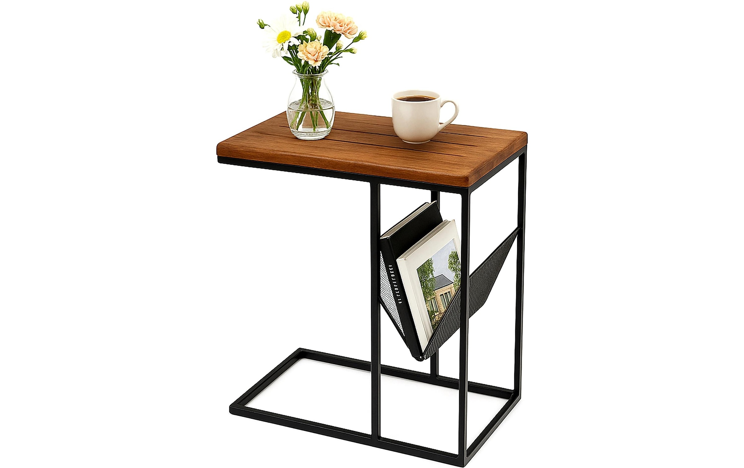 Image of relaxdays Beistelltisch "in C-Form 63 x 30 cm" Couchtisch mit Zeitungsablage aus Mango Holz