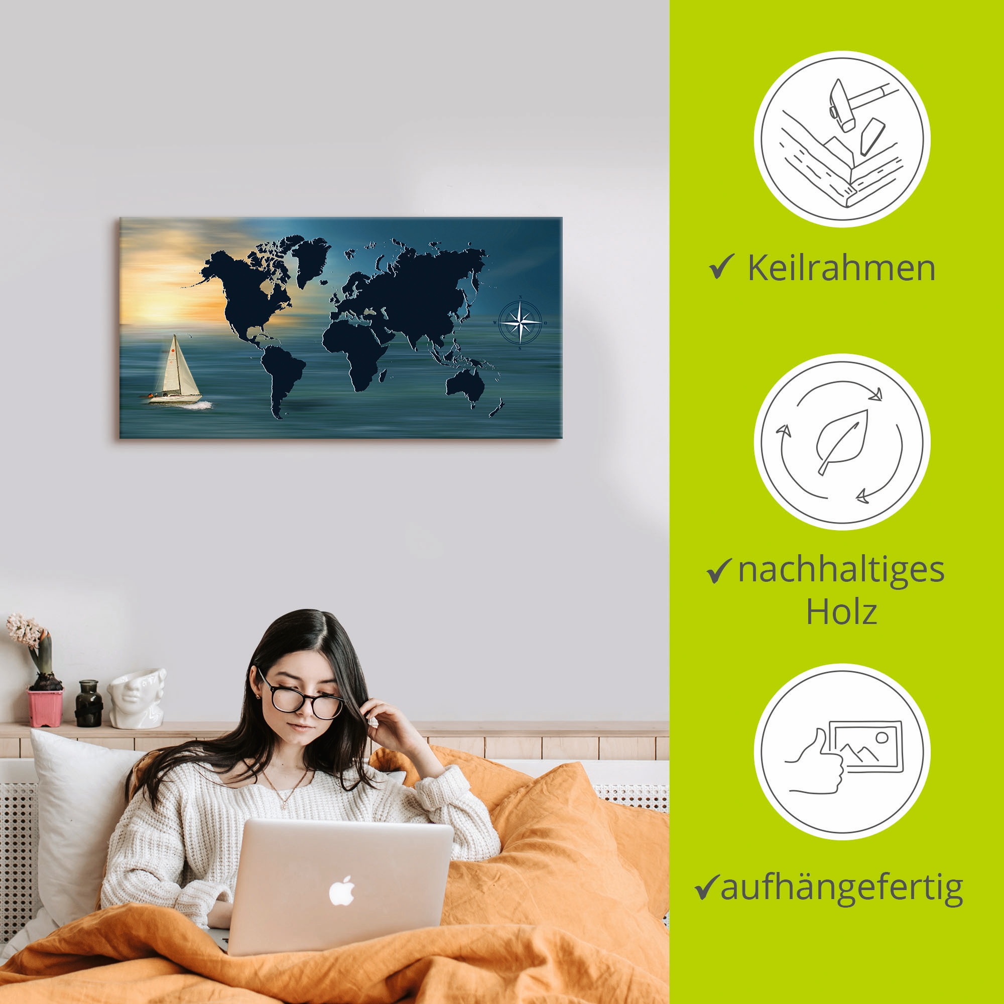 Artland Wandbild »Weltumsegelung mit Weltkarte«, Landkarten, (1 St.), als Leinwandbild, Poster in verschied. Grössen