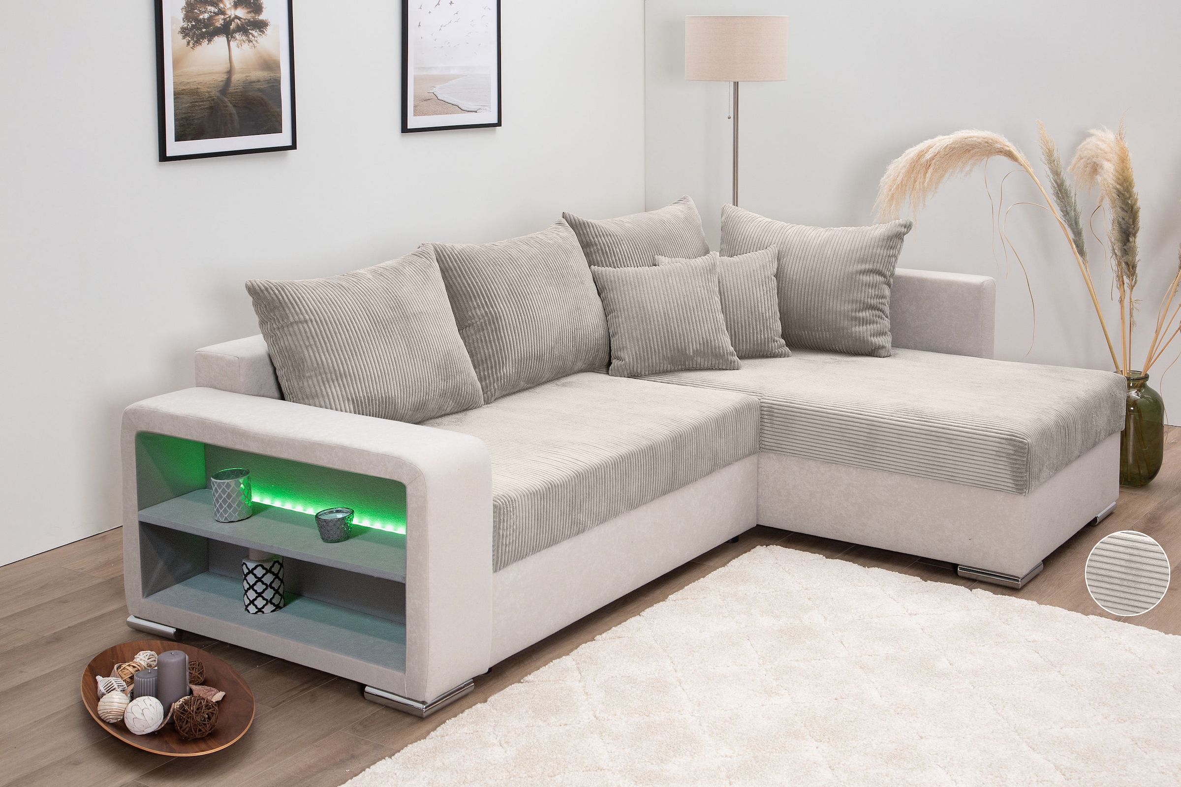Image of COLLECTION AB Ecksofa "John L-Form, B: 226 cm" Bettfunktion, Bettkasten, Regalelement, Licht & 2 Zierkissen