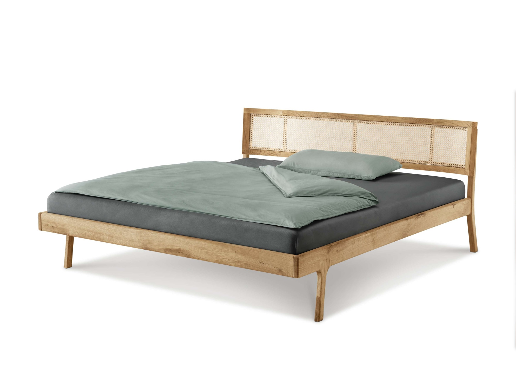 Image of GOODproduct Massivholzbett "Hällevik, Kopfteil höhenverstellbar, Eiche massiv, mit Wiener Geflecht" skandinavischer Stil, Made in EU, FSC-zertifiziert, sehr stabil