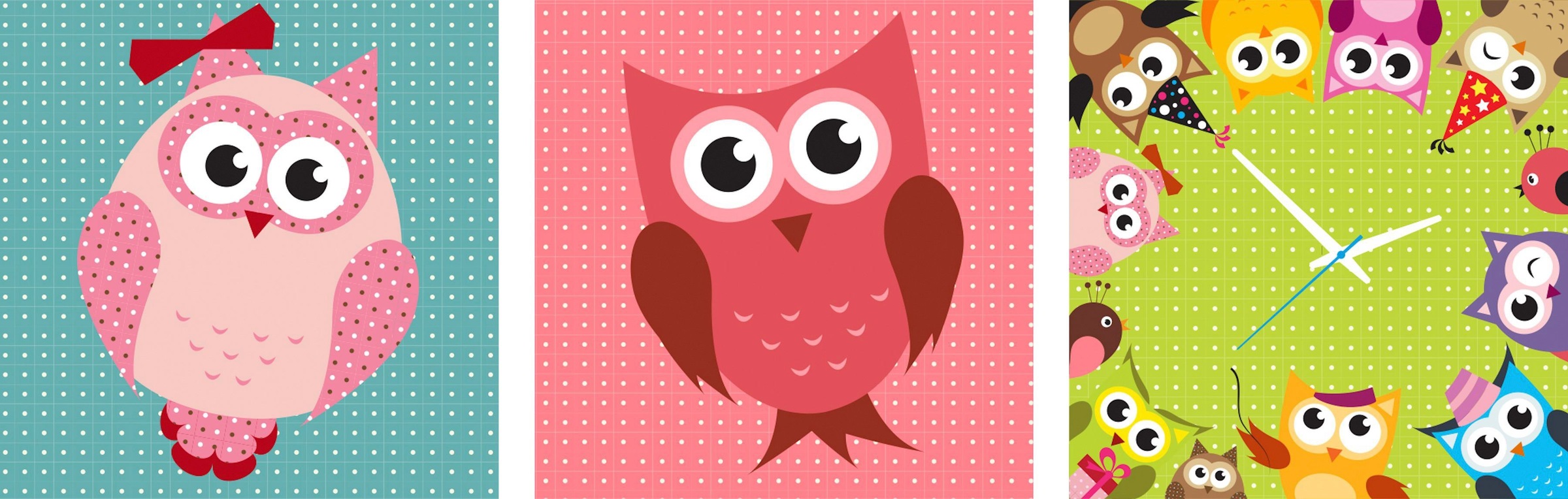 Image of Conni Oberkircher´s Bild »Colours Owl - bunte Eulen«, Eulen, (Set, (Set 3), mit dekorativer Uhr, Kinderbild, Waldtiere bei Ackermann Versand Schweiz