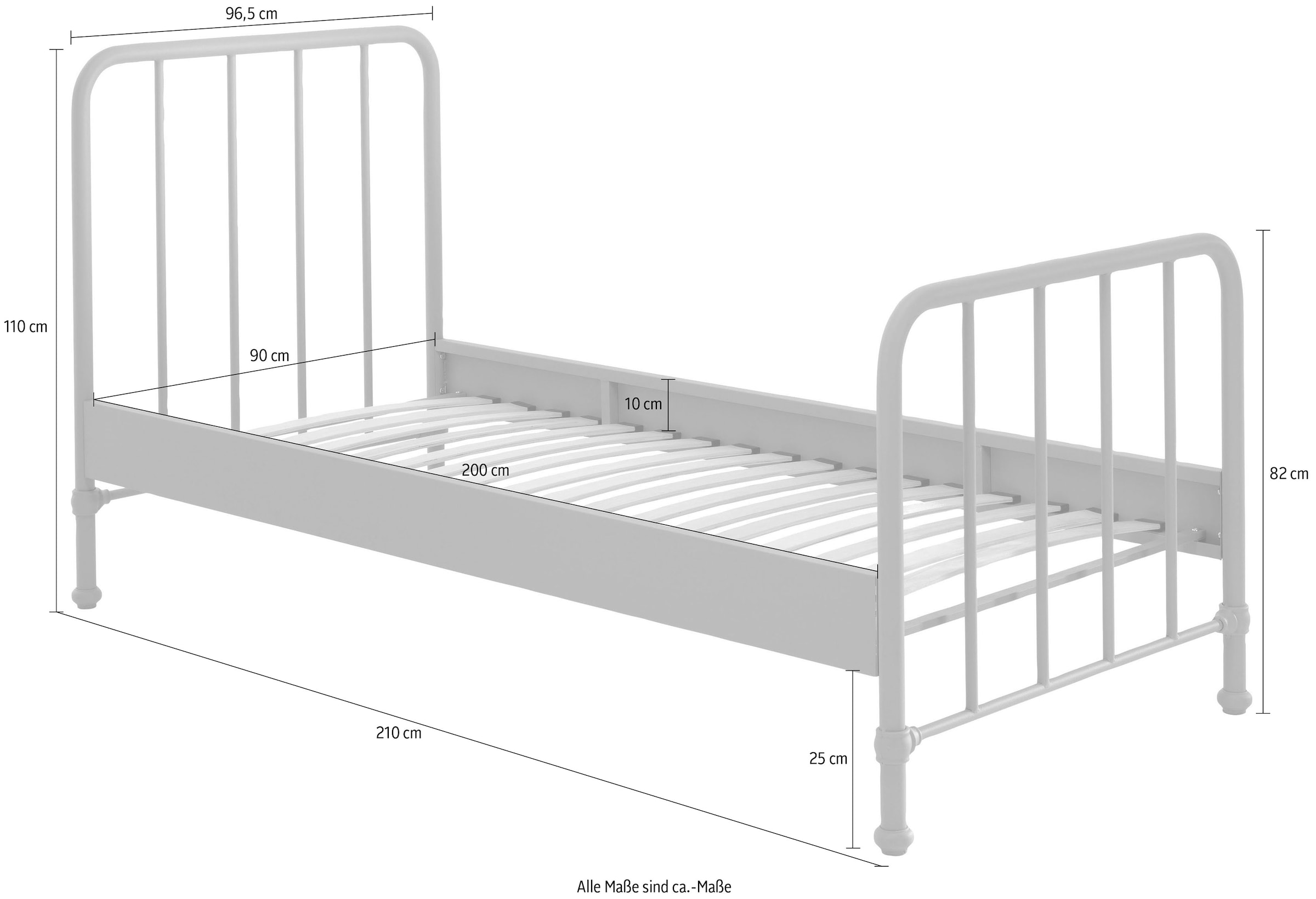Vipack Jugendbett »Bronxx, Einzelbett 90/200, sehr stabil, romantische Optik« B/H/T ca. 96,5x110x206cm, inkl. Lattenrost, Bodenfreiheit,  Oberfläche pulverbeschichtet, verschiedene Farben zur Wahl