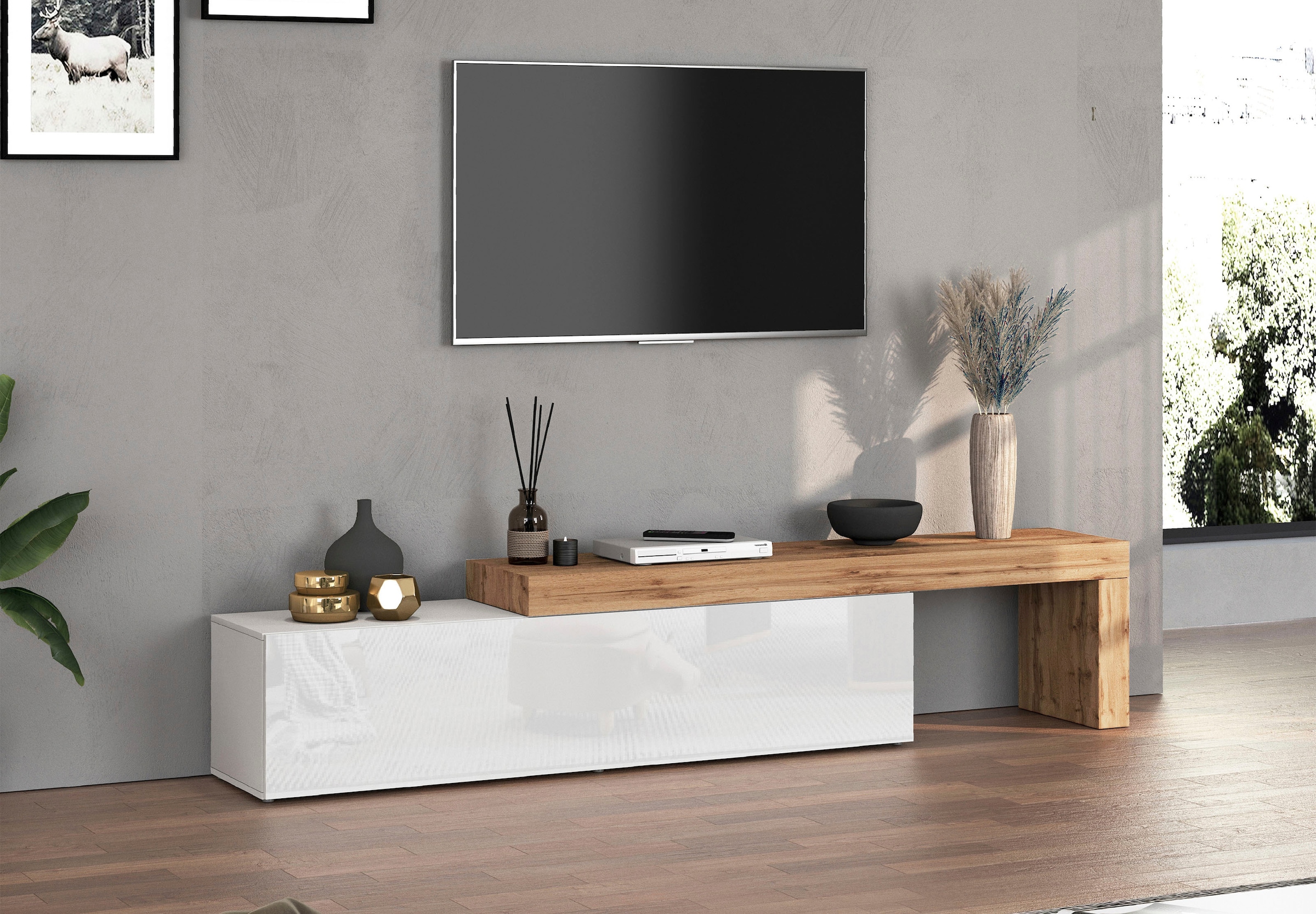 INOSIGN Lowboard »Chronos TV-Board, TV-Schrank« Breite verstellbar von 190 bis 350 cm, 1 Stk. tlg. Breite 270 cm TV-Board,Lowboard,1 Klappe und ein L-Förmiger Aufsatz