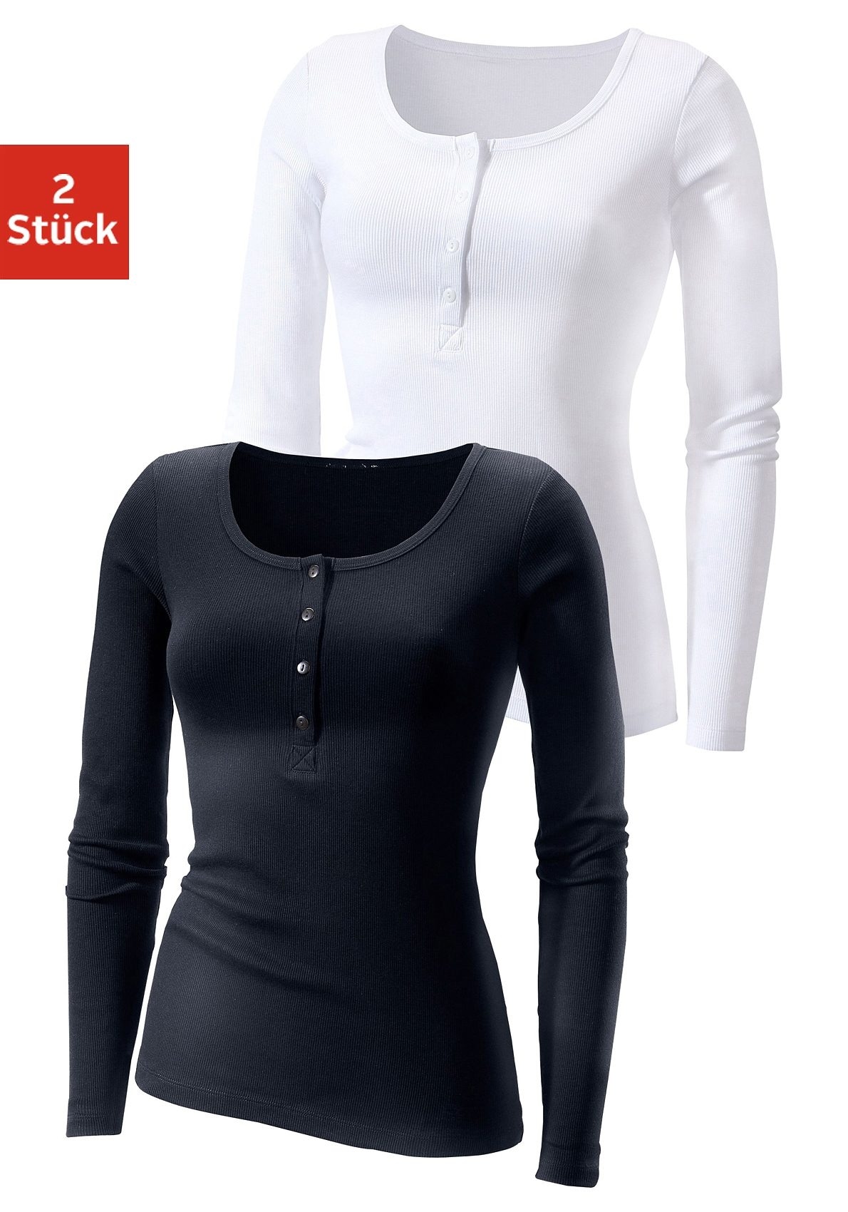 H.I.S Langarmshirt "mit kurzer Knopfleiste" 2er-Pack, feine Rippqualität aus reiner Baumwolle