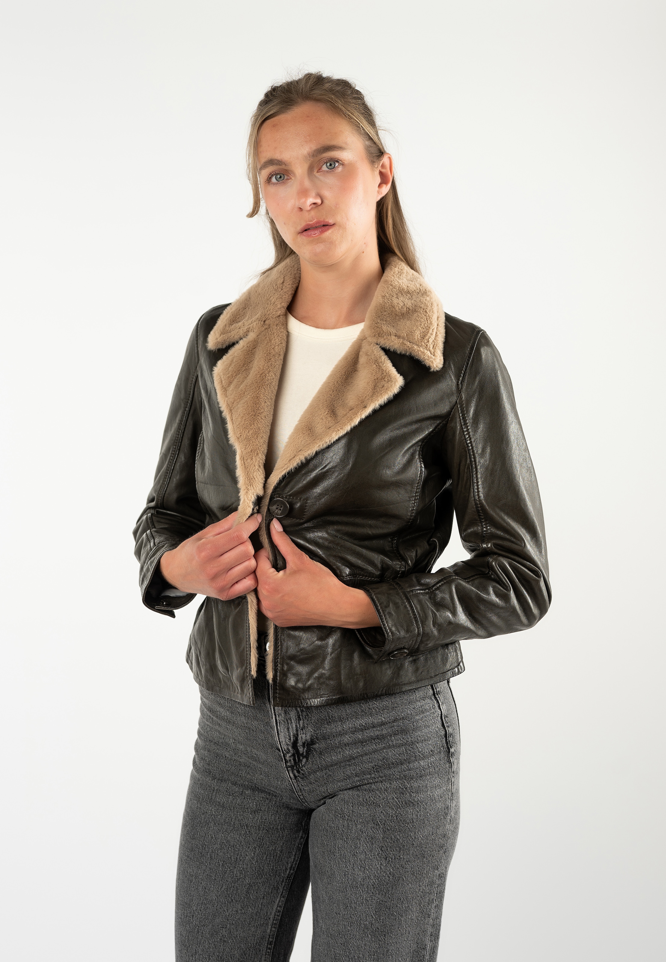 Image of Mauritius Lederjacke "MWIcelyn" mit Reverskragen mit Fake-Fur-Besatz, tailliert